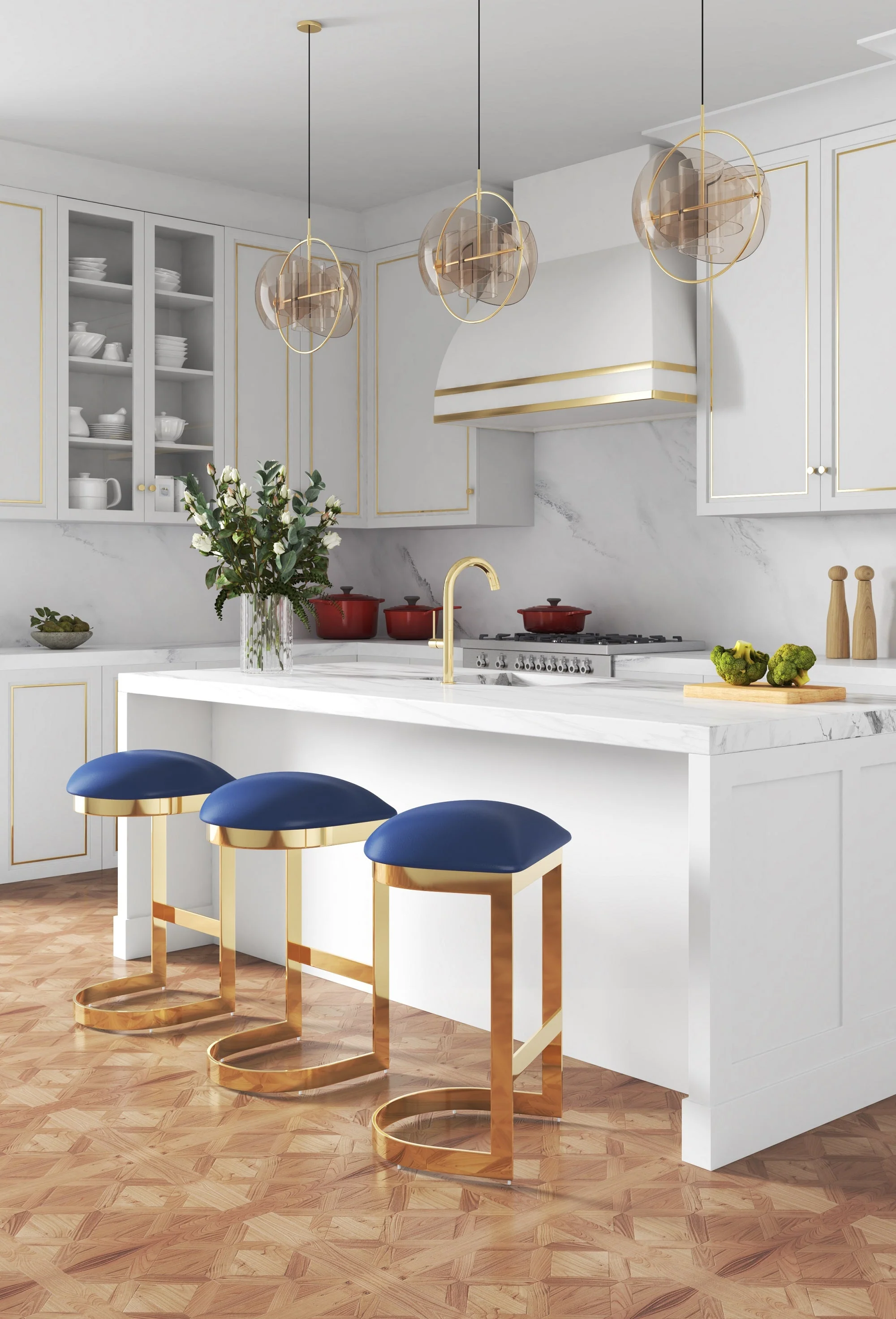 Aura Bar Stool in Blue and Polished Brass (set of 3) - Image 2