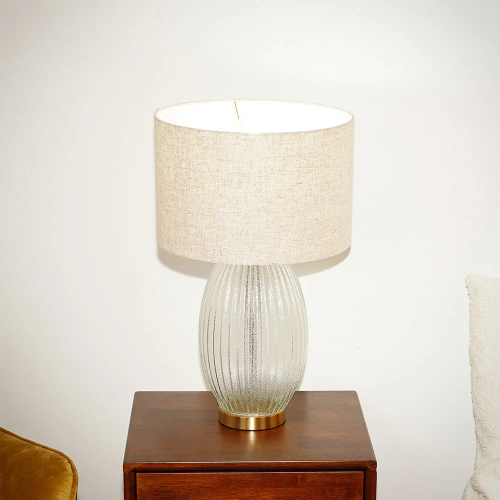 Aurora Ribbed Glass Lamp Base Clear Table Lamp Large Linen Shade - Image 2