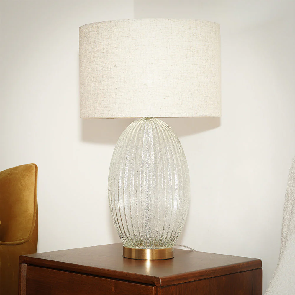Aurora Ribbed Glass Lamp Base Clear Table Lamp Large Linen Shade - Image 4
