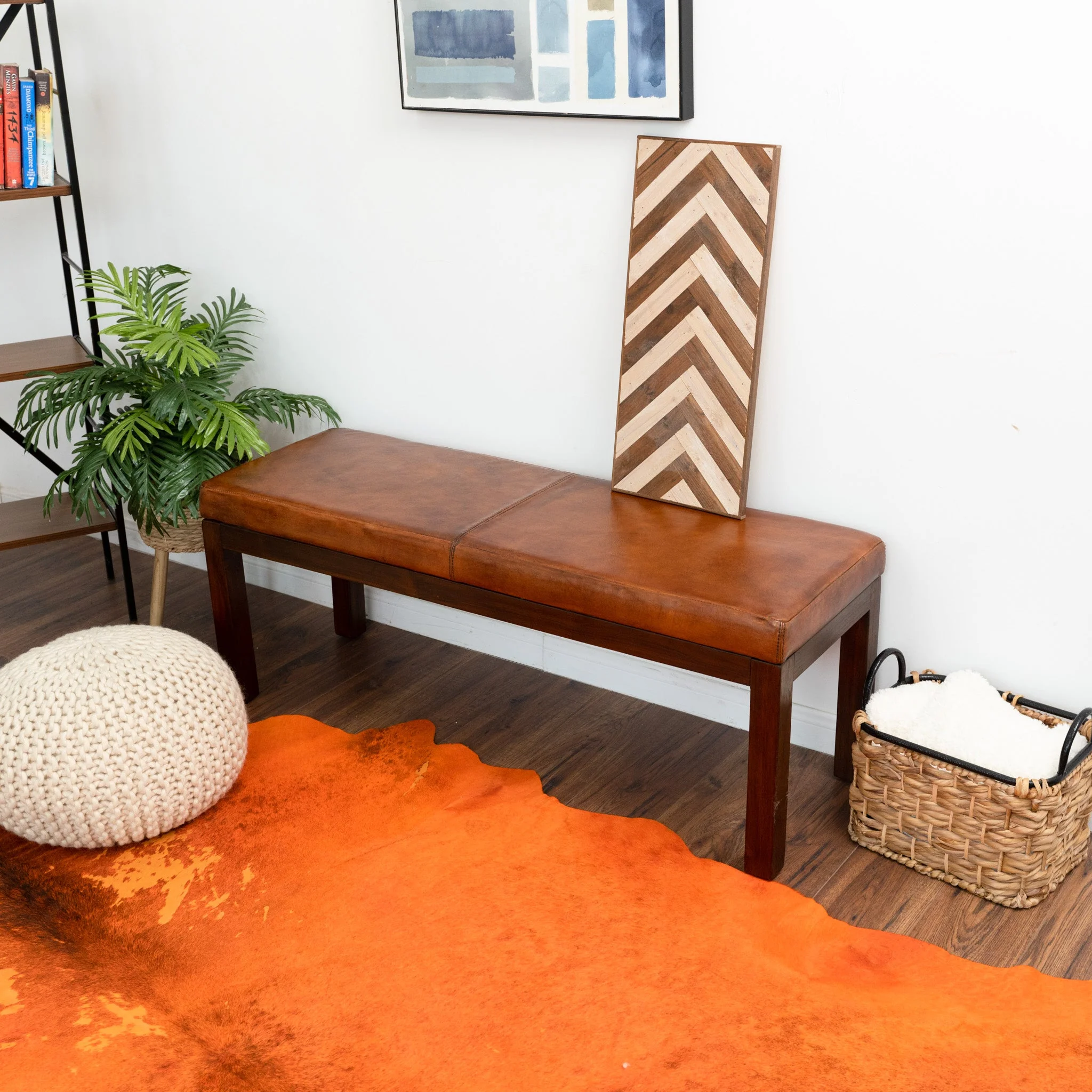 Austin Antique Tan Leather Bench with Lines - Image 2