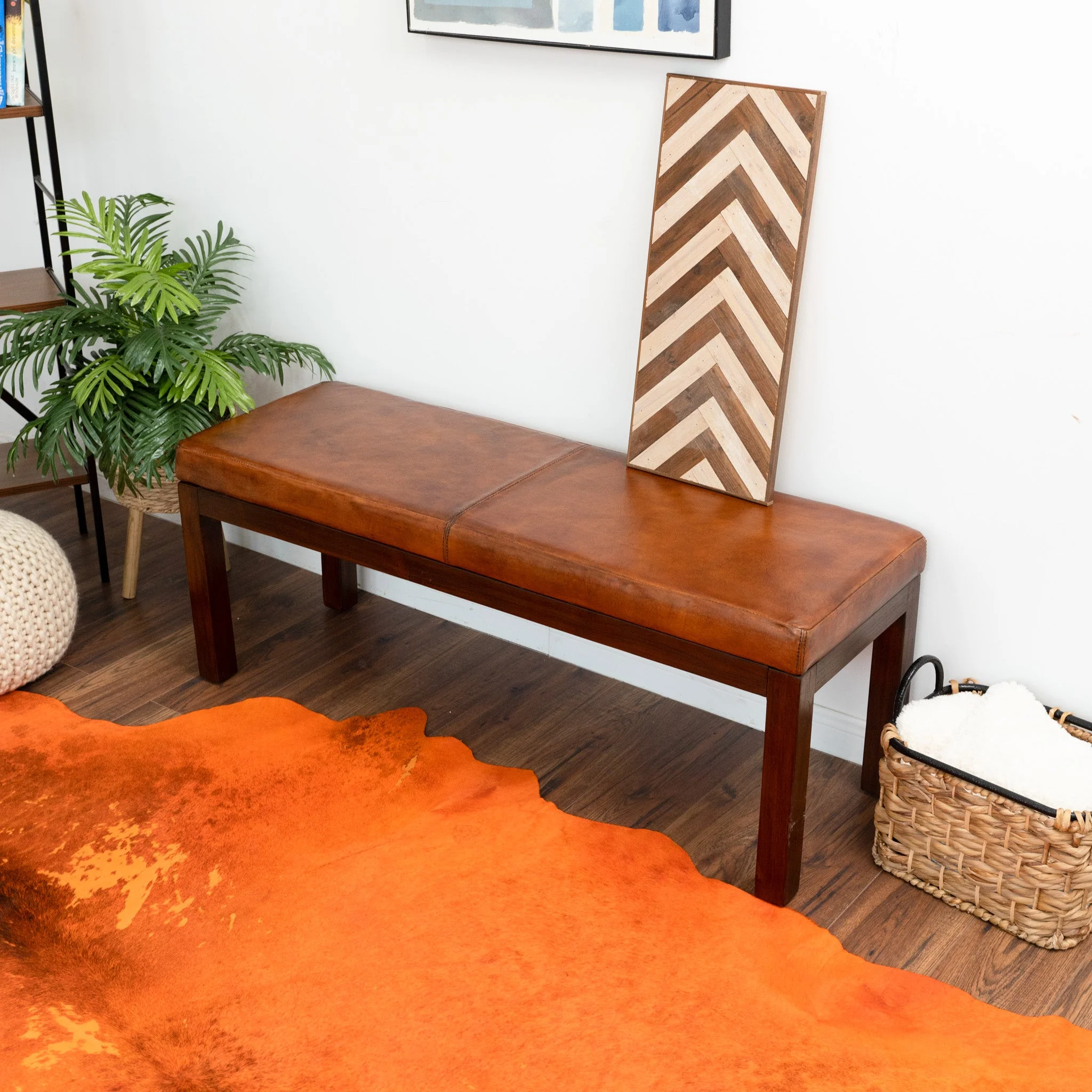 Austin Antique Tan Leather Bench with Lines - Image 3
