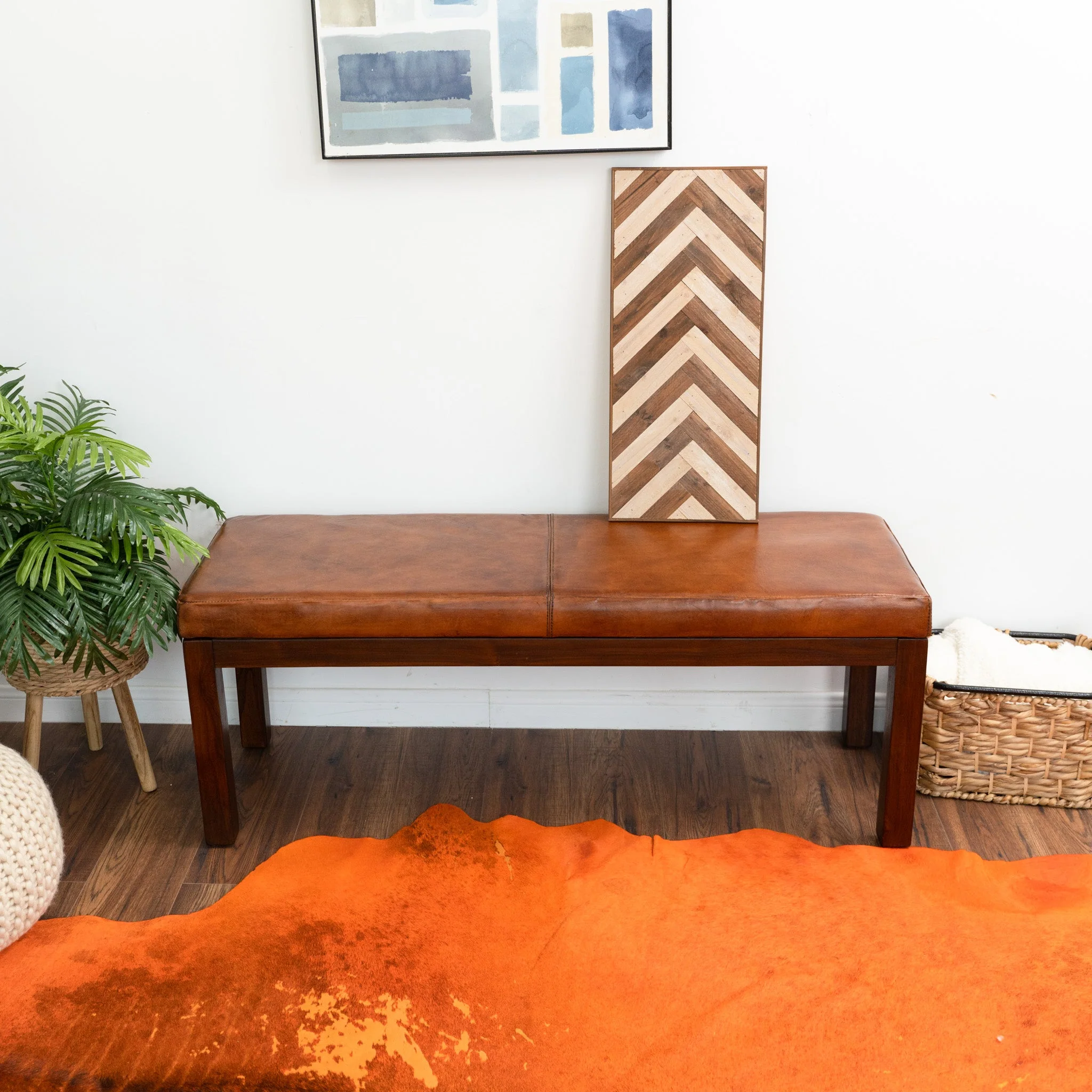 Austin Antique Tan Leather Bench with Lines - Image 4