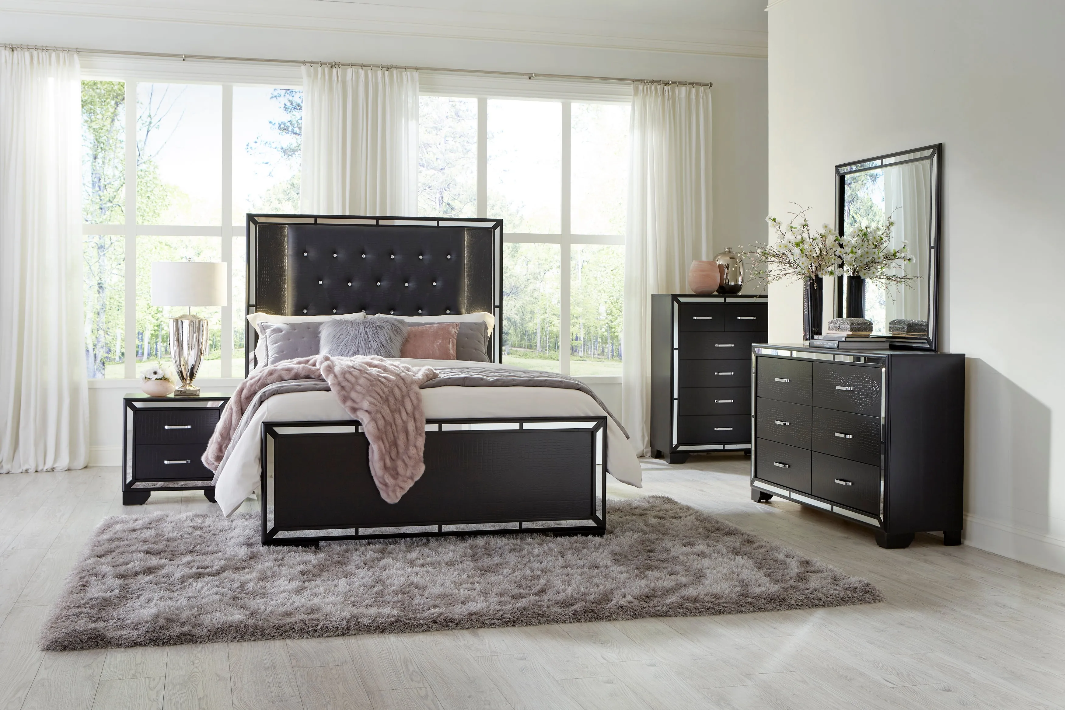 Aveline Black King LED Upholstered Panel Bed - Image 3