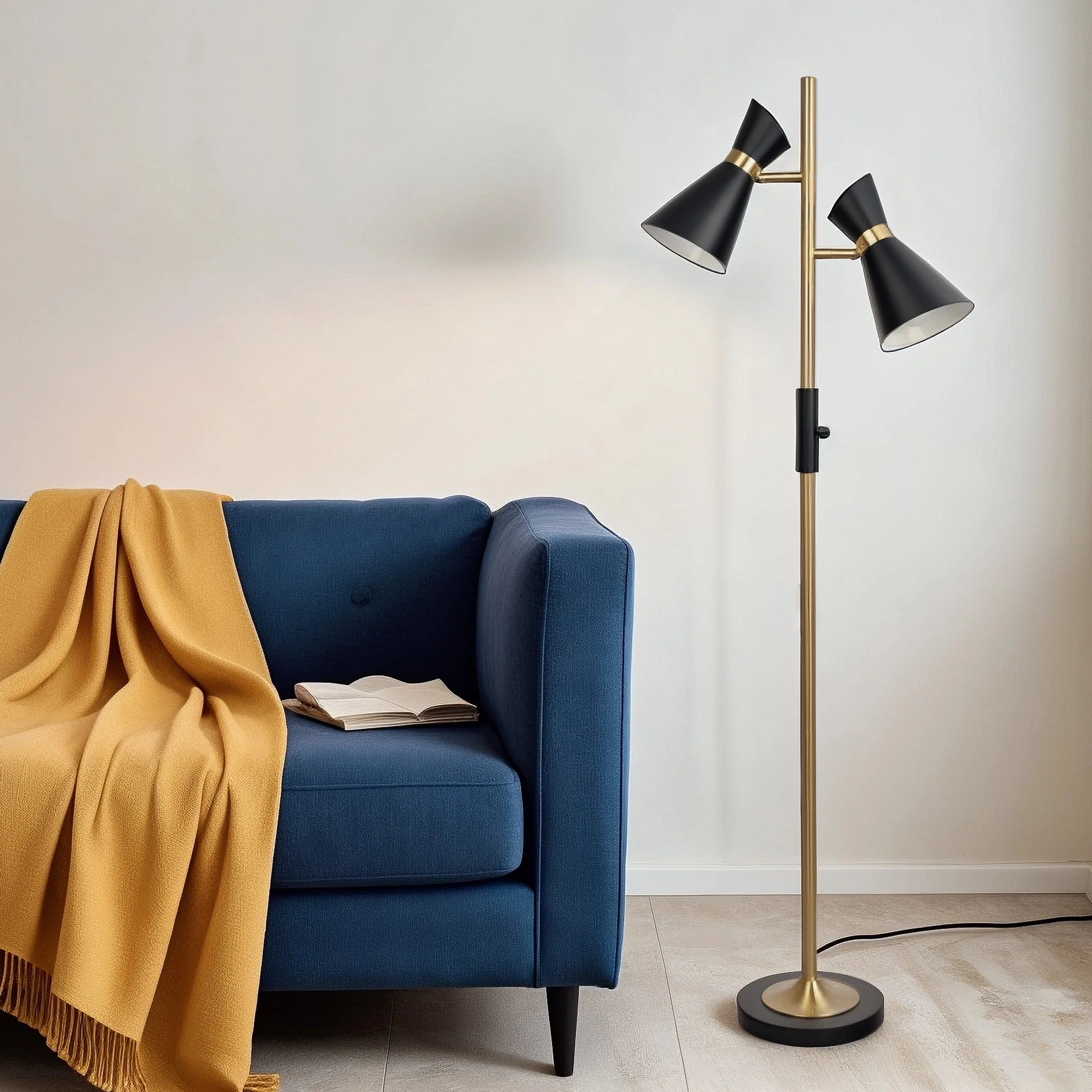 Axis Brassed Gold Floor Lamp with 4-Way Switch Double Spots with Metal Base - Image 2