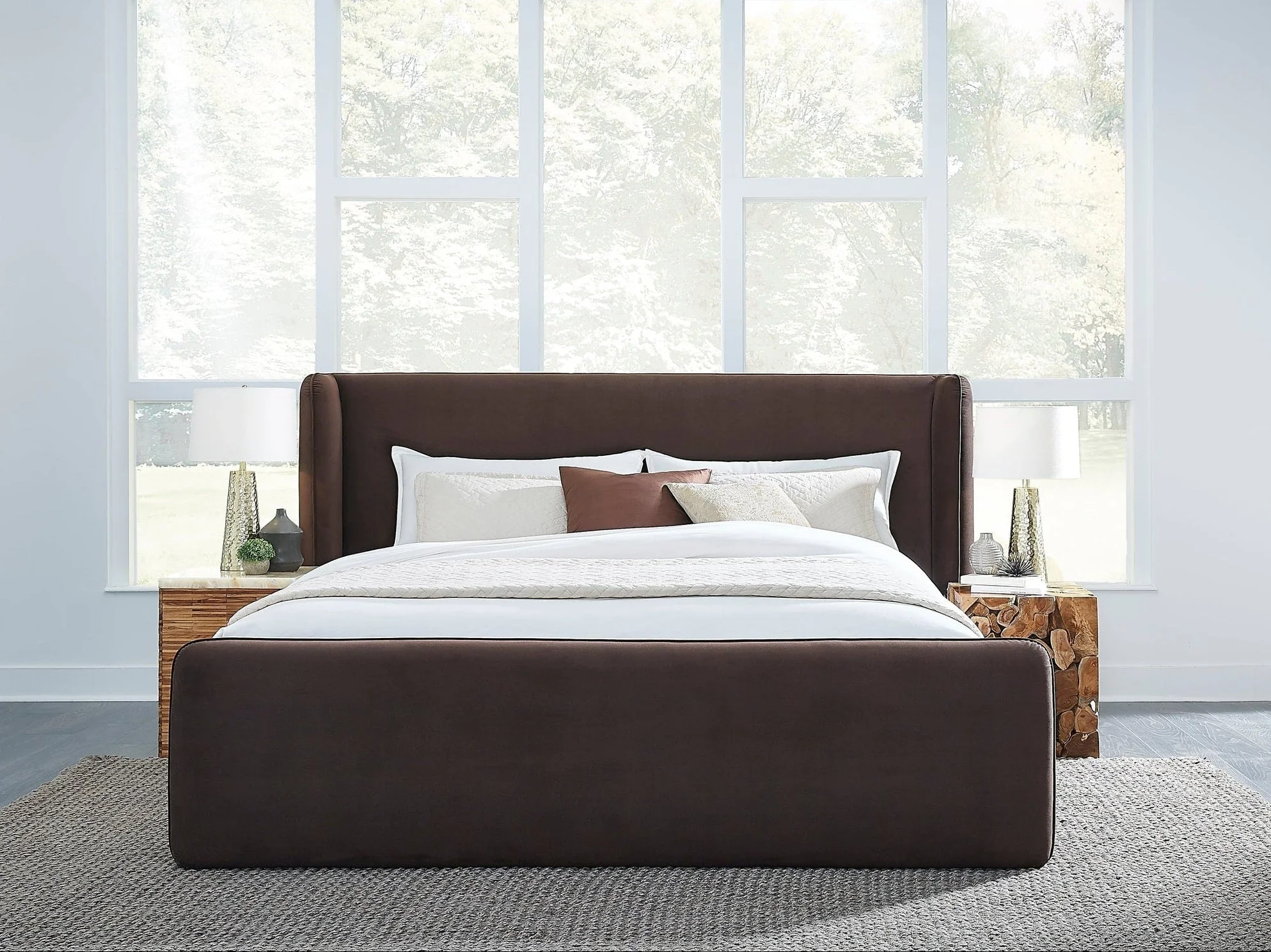 Bacall Velvet Eastern King Upholstered Wingback Platform Bed in Cola