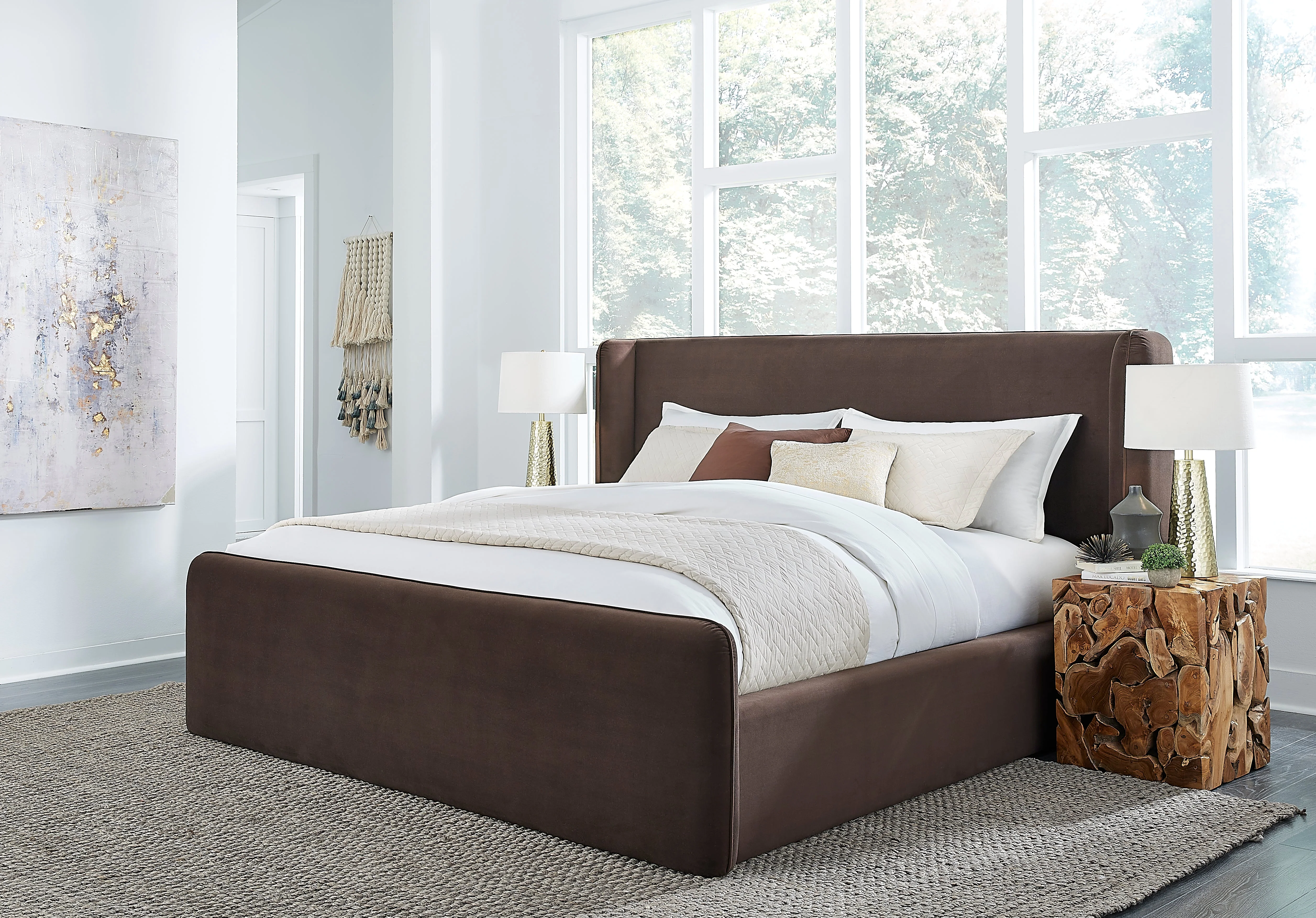 Bacall Velvet Full Upholstered Wingback Platform Bed in Cola - Image 3