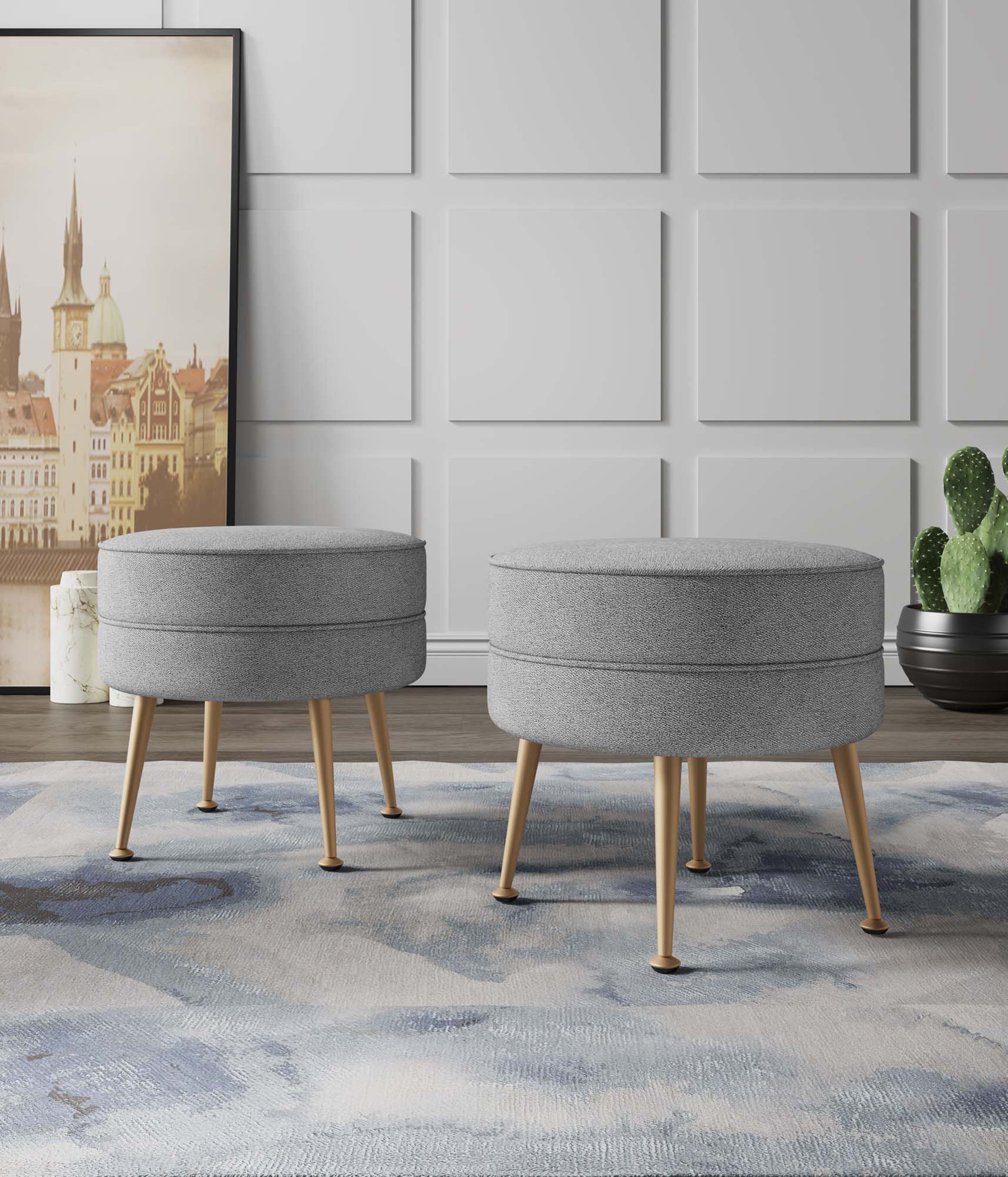 Bailey Ottoman in Grey with Gold Feet (set of 2) - Image 2