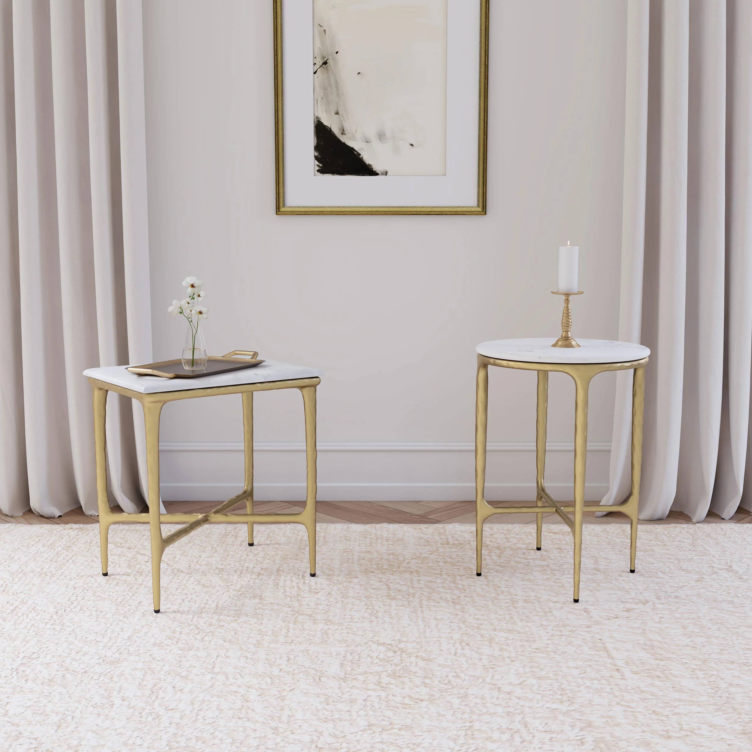 Baldwin White and Gold Round Marble Top Side Table - Image 7