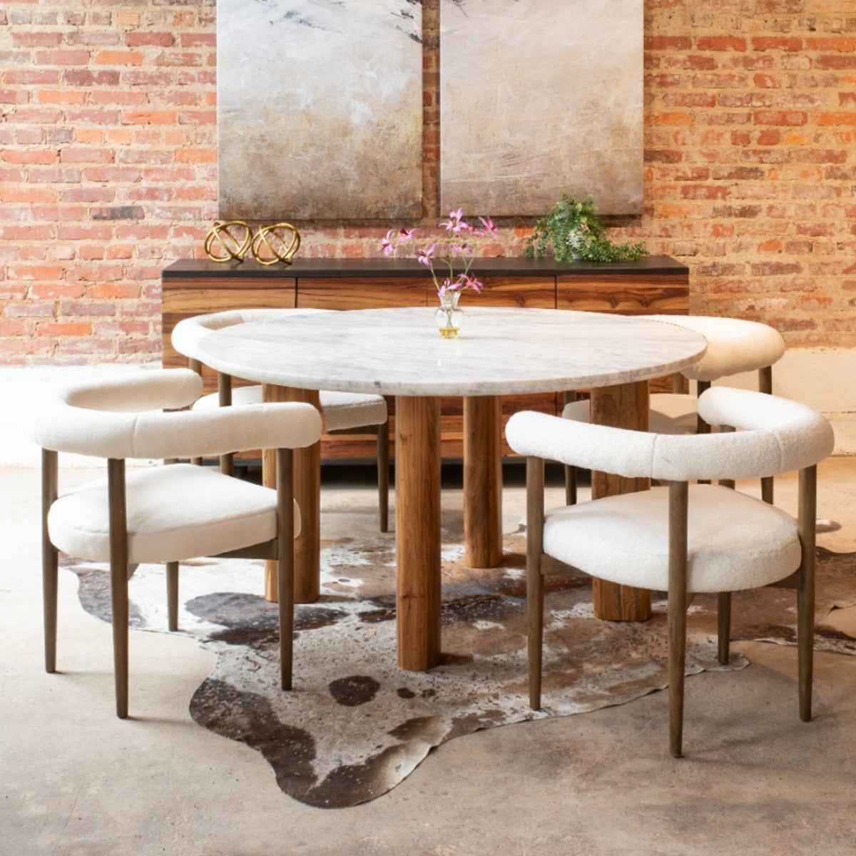 Barcelona 54" Round Dining Table with White Marble and Reclaimed Wood Legs - Image 5