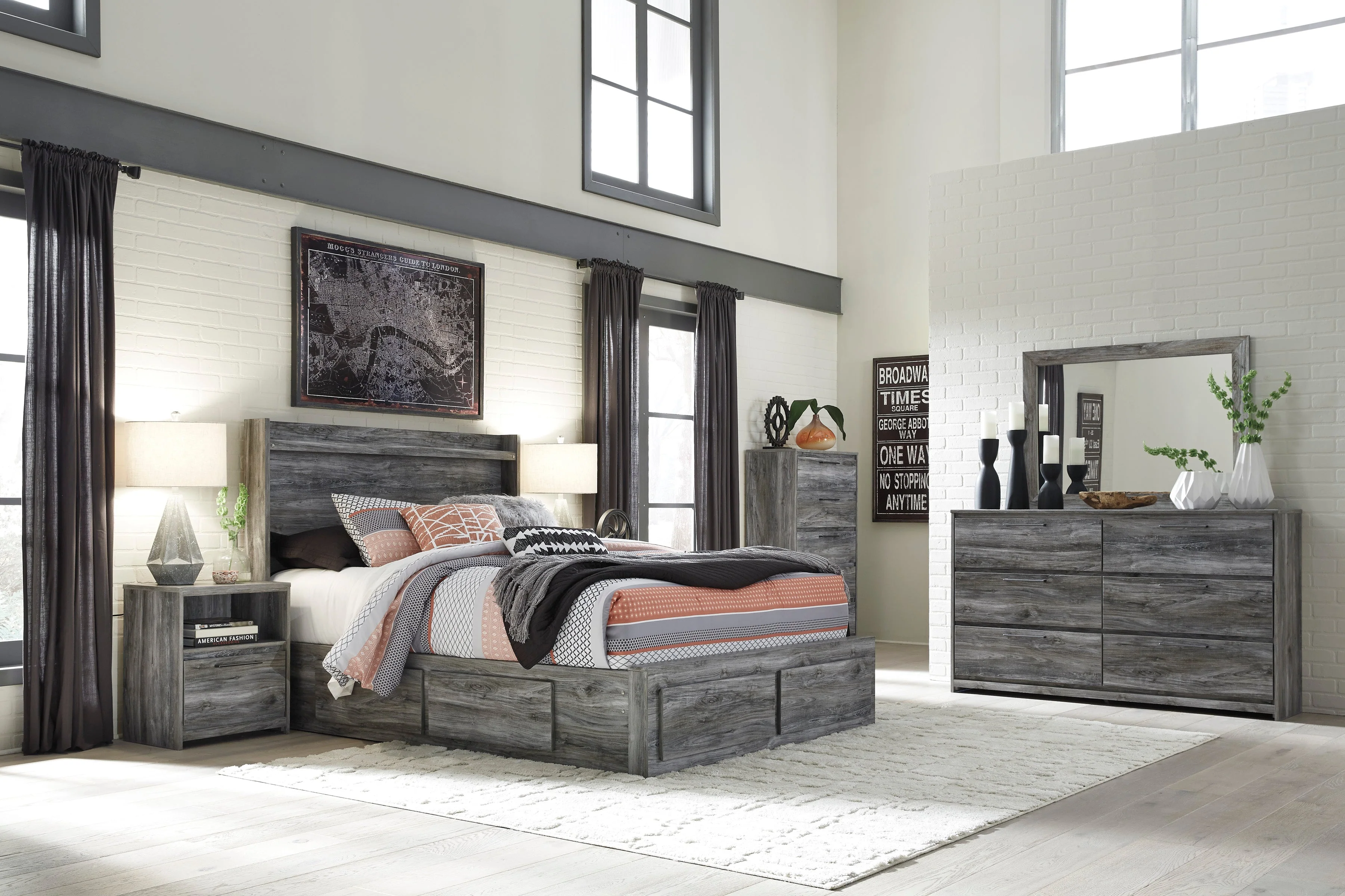 Baystorm Gray LED Storage Platform Bedroom Set with 6 Drawers