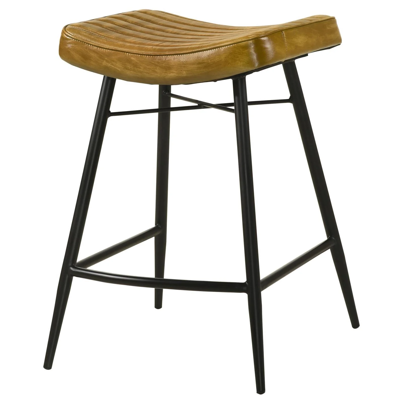 Bayu Leather Camel and Black Upholstered Saddle Seat Backless Counter Height Stool Antique (Set of 2) - Image 2