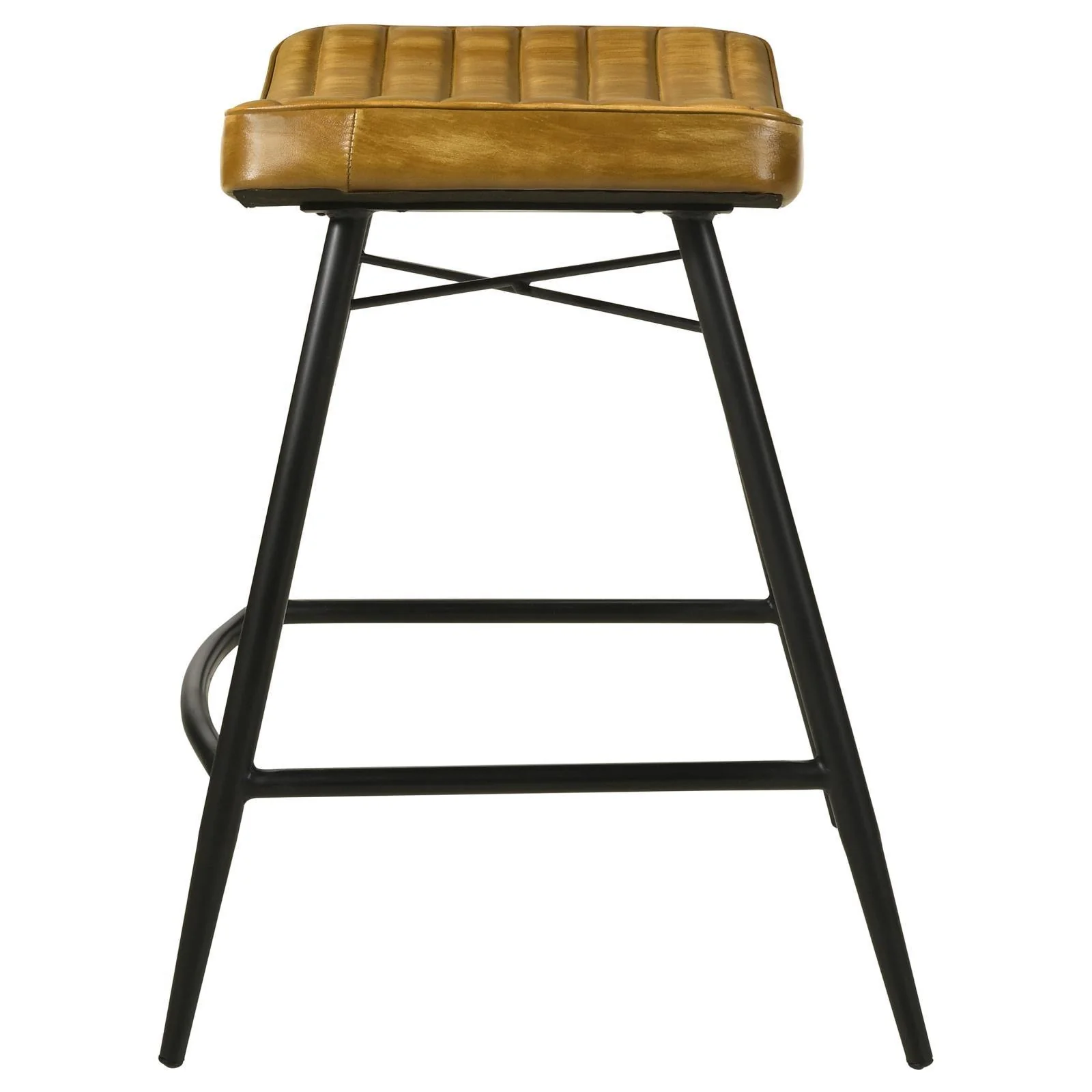 Bayu Leather Camel and Black Upholstered Saddle Seat Backless Counter Height Stool Antique (Set of 2) - Image 3