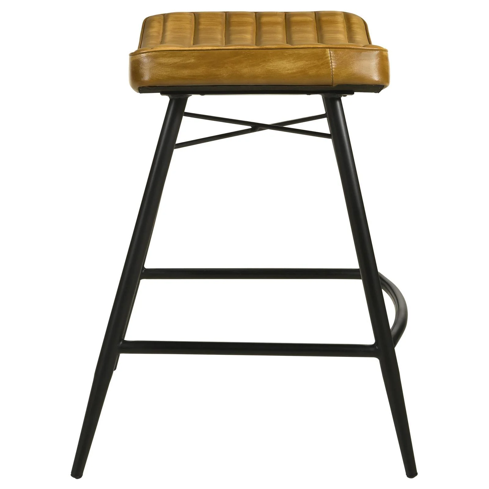 Bayu Leather Camel and Black Upholstered Saddle Seat Backless Counter Height Stool Antique (Set of 2) - Image 4
