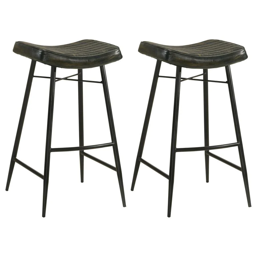 Bayu Leather Espresso and Black Upholstered Saddle Seat Backless Bar Stool Antique (Set of 2)