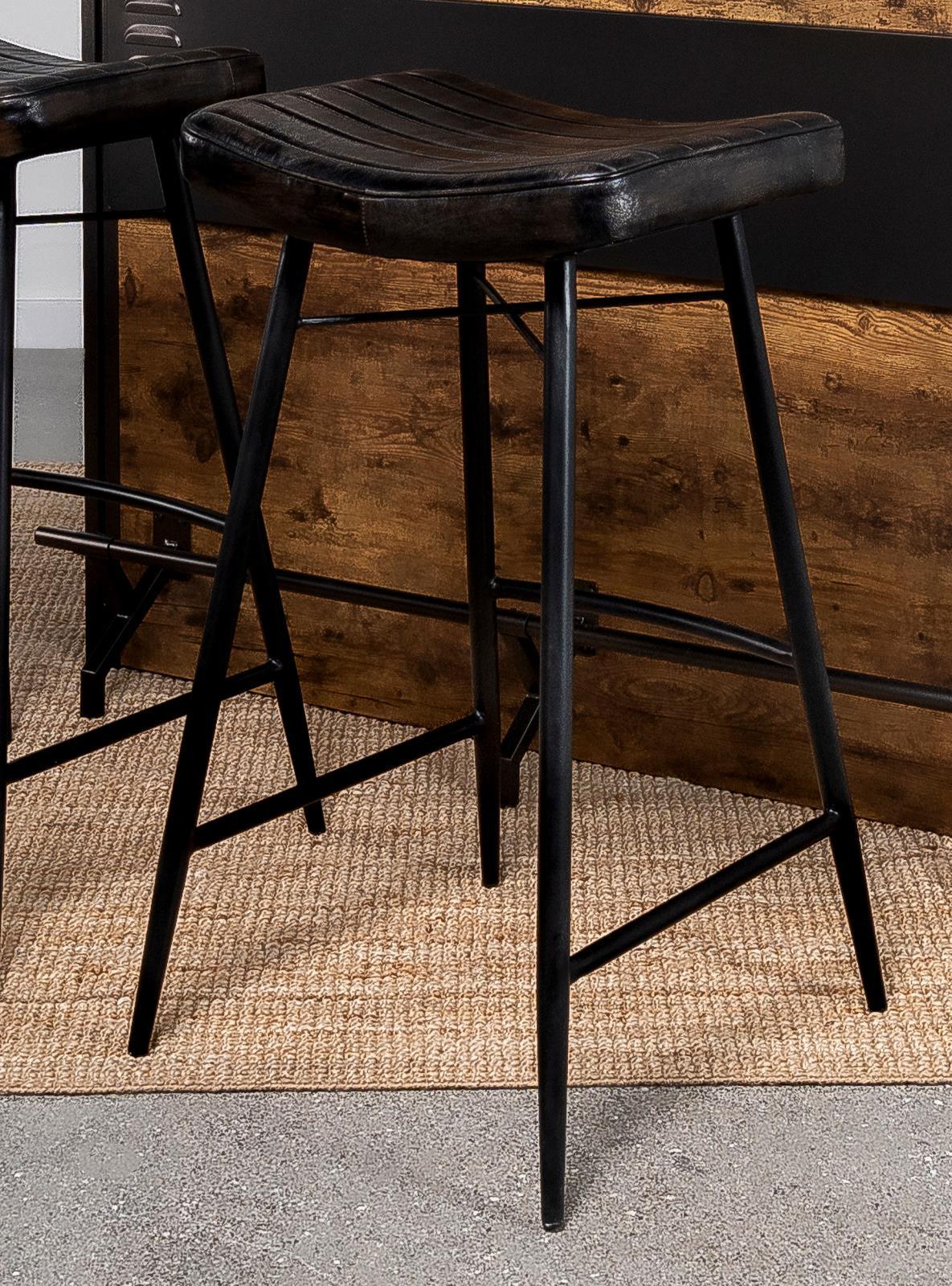 Bayu Leather Espresso and Black Upholstered Saddle Seat Backless Bar Stool Antique (Set of 2) - Image 5