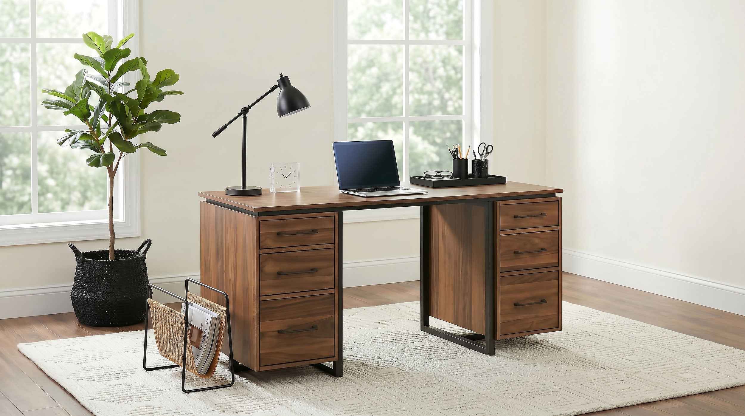 Berhalter Walnut Black 6-Drawer Double Pedestal File Computer Desk