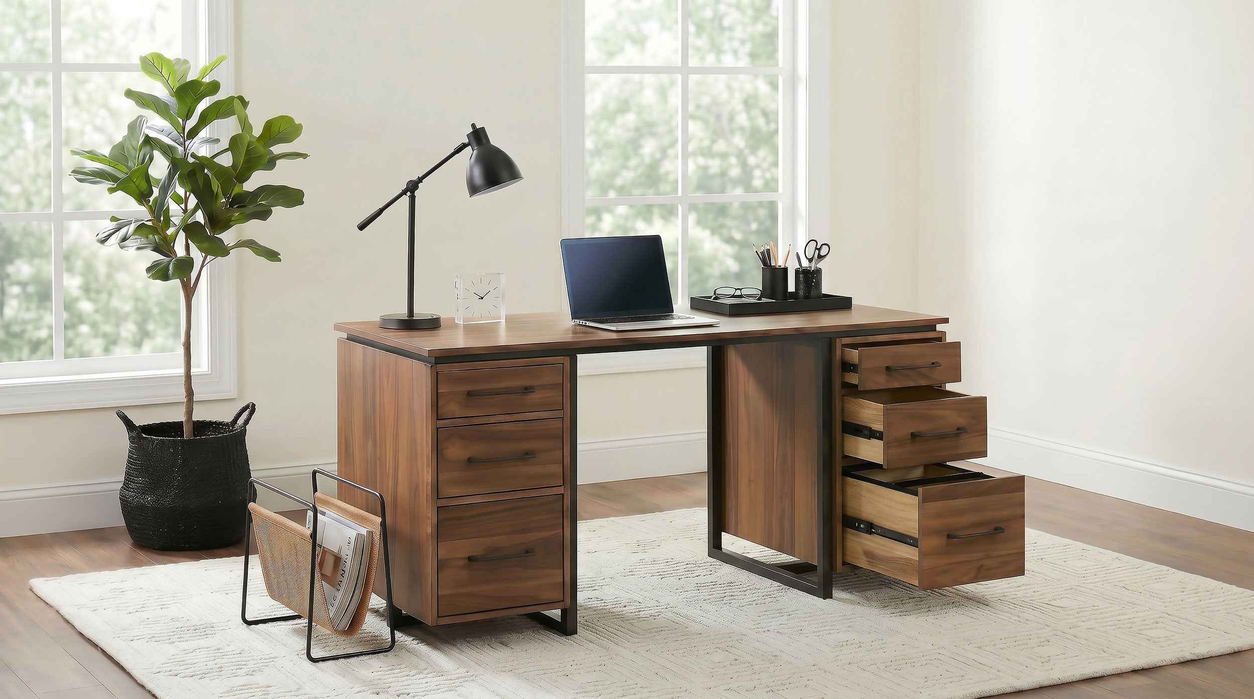 Berhalter Walnut Black 6-Drawer Double Pedestal File Computer Desk - Image 2