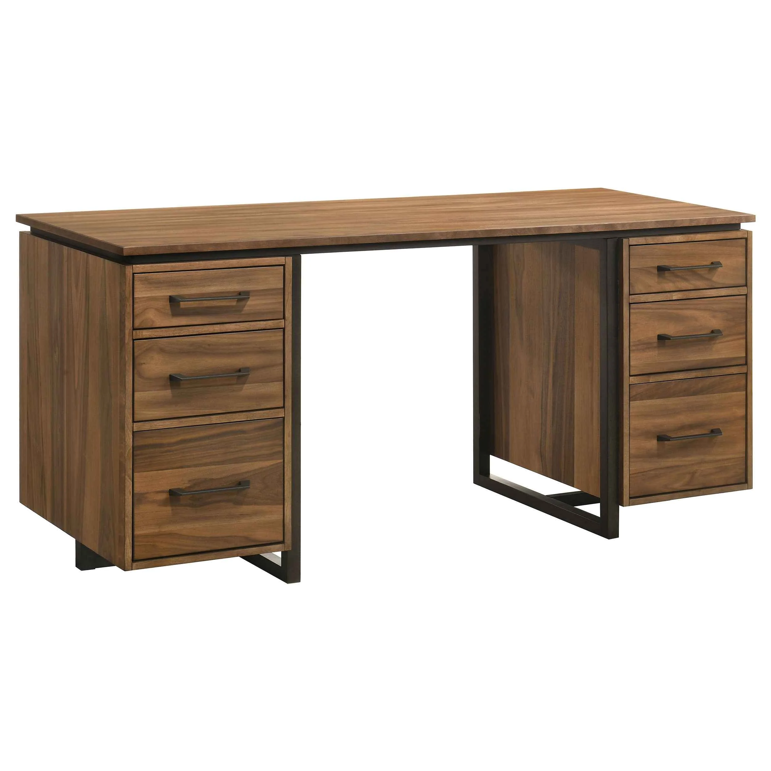 Berhalter Walnut Black 6-Drawer Double Pedestal File Computer Desk - Image 4