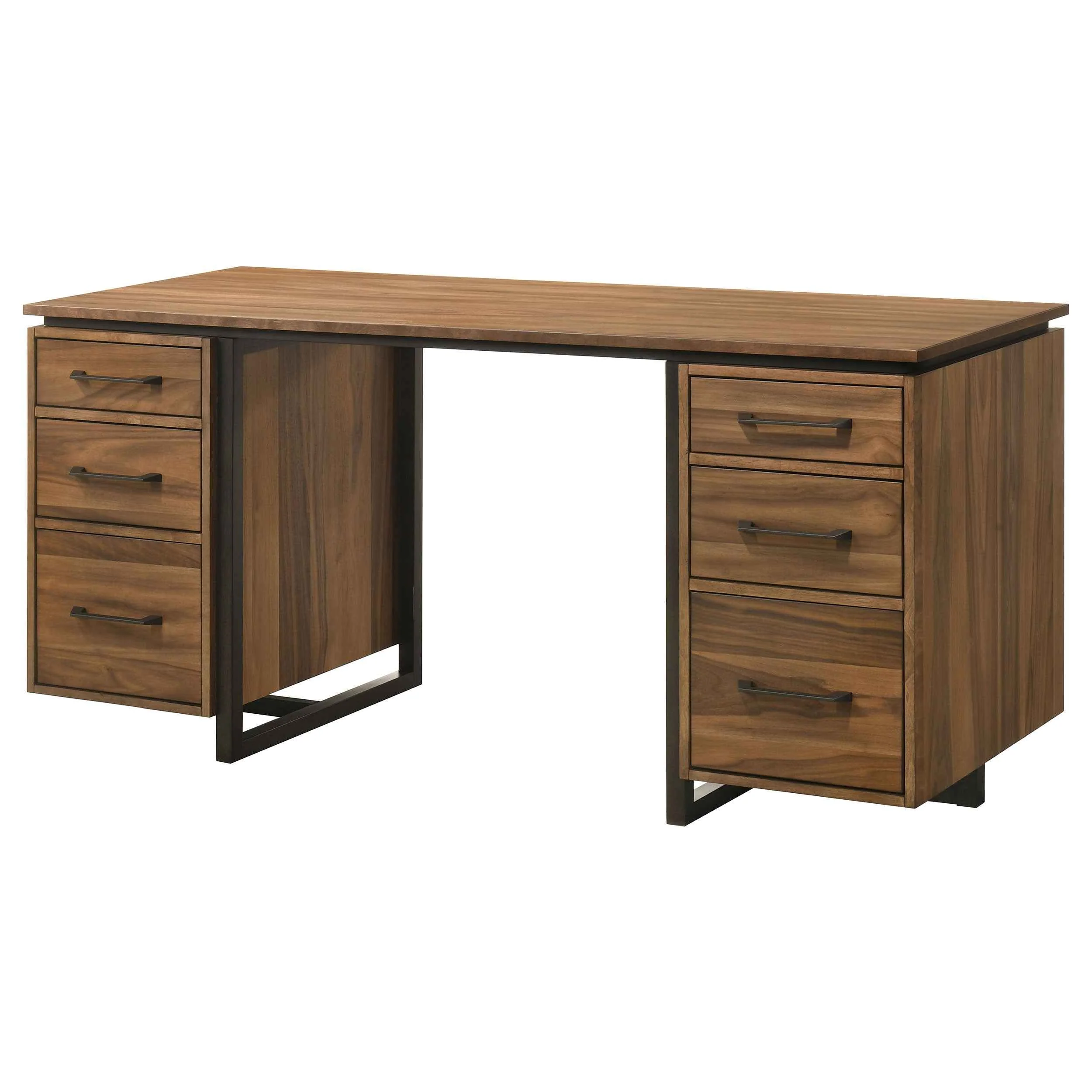Berhalter Walnut Black 6-Drawer Double Pedestal File Computer Desk - Image 6