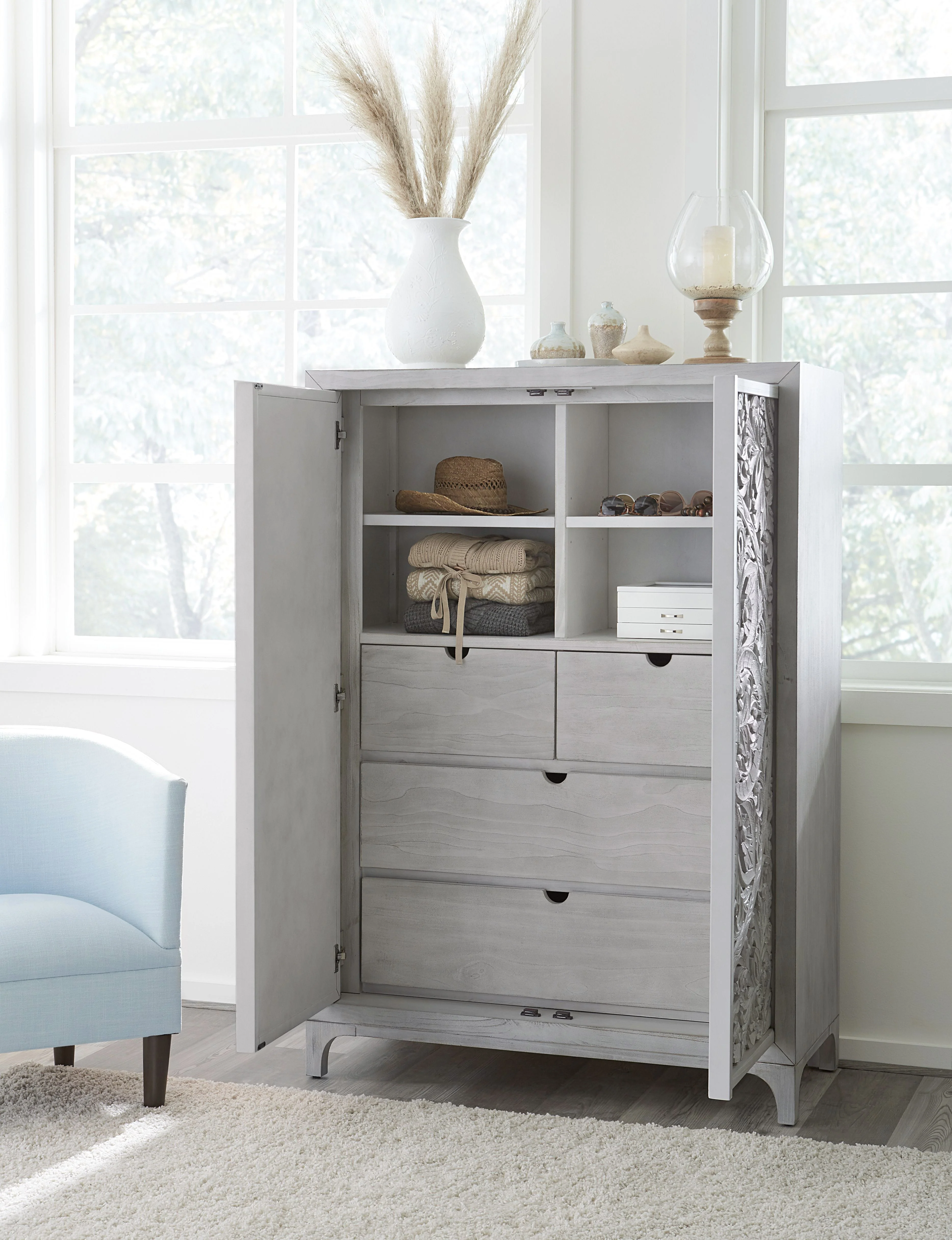 Boho Chic Wardrobe Chest in Washed White - Image 2