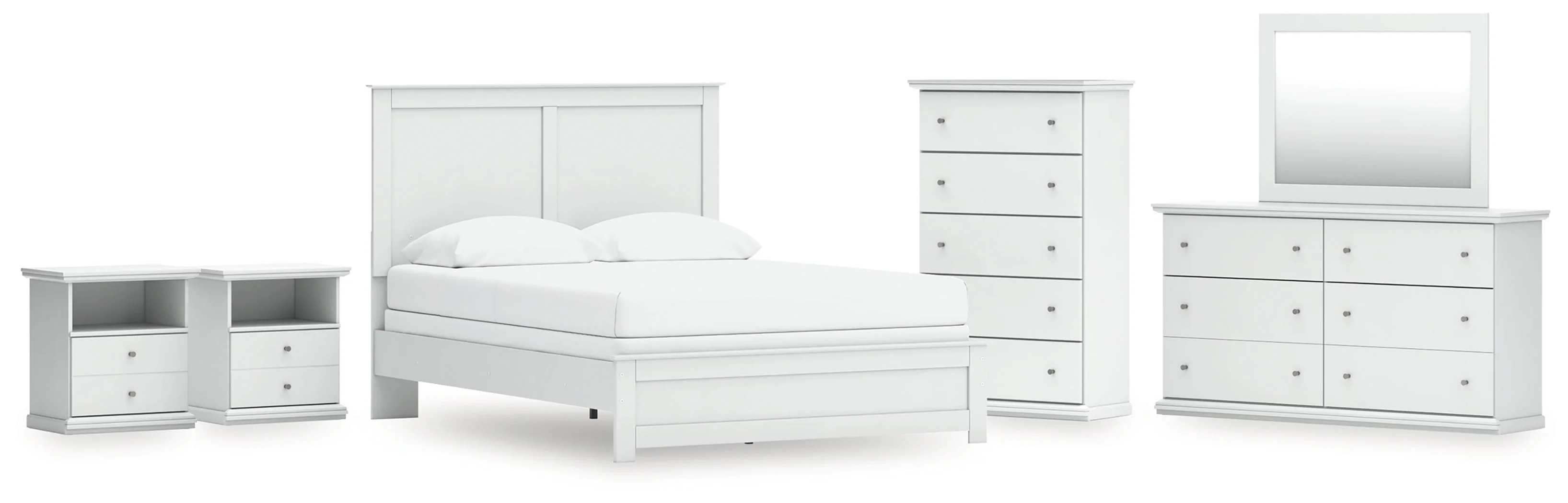 Bostwick Shoals Queen Panel Bed with Mirrored Dresser, Chest and 2 Nightstands in White