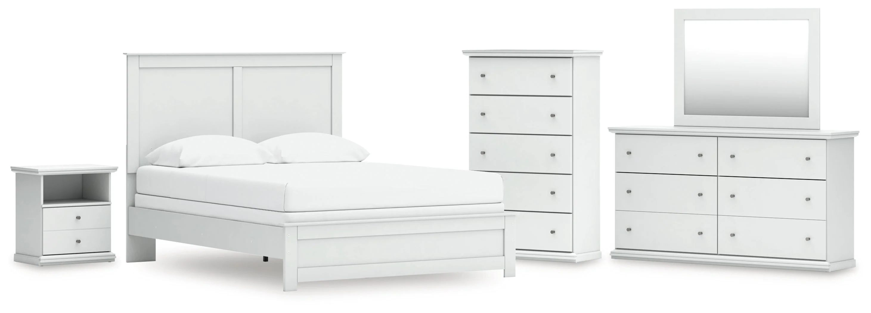 Bostwick Shoals Queen Panel Bed with Mirrored Dresser, Chest and Nightstand in White