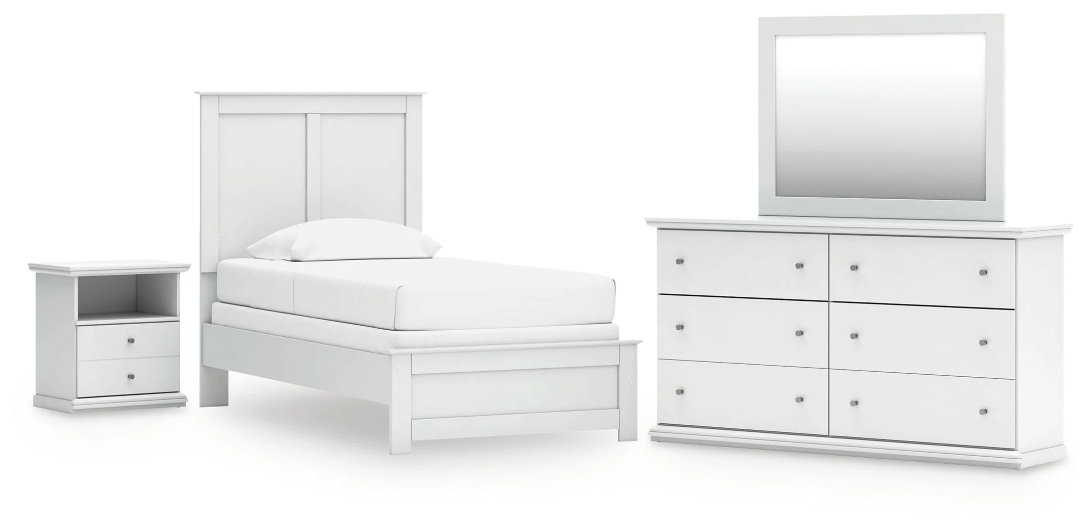 Bostwick Shoals Twin Panel Bed with Mirrored Dresser and Nightstand in White