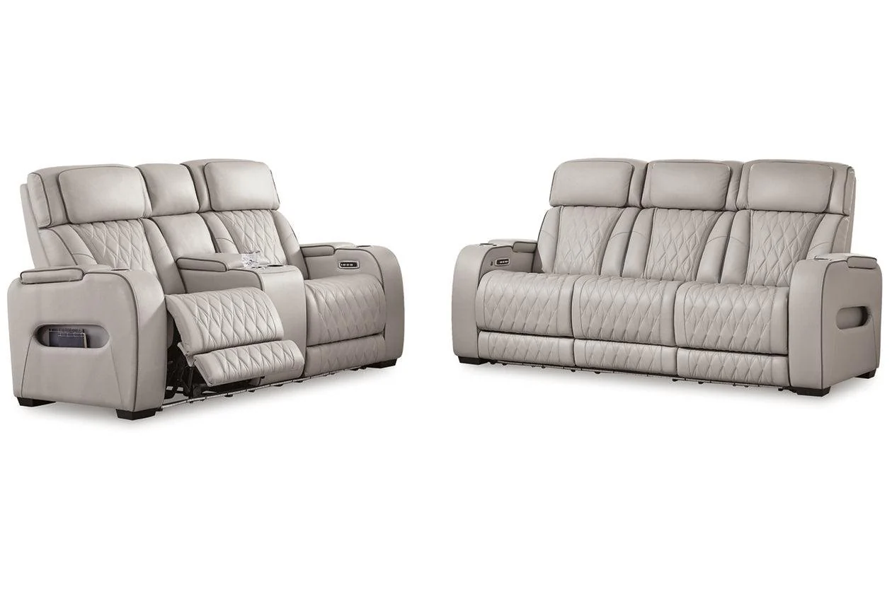 Boyington Gray Dual Power Leather Power Reclining Sofa, Loveseat and Recliner - Image 13