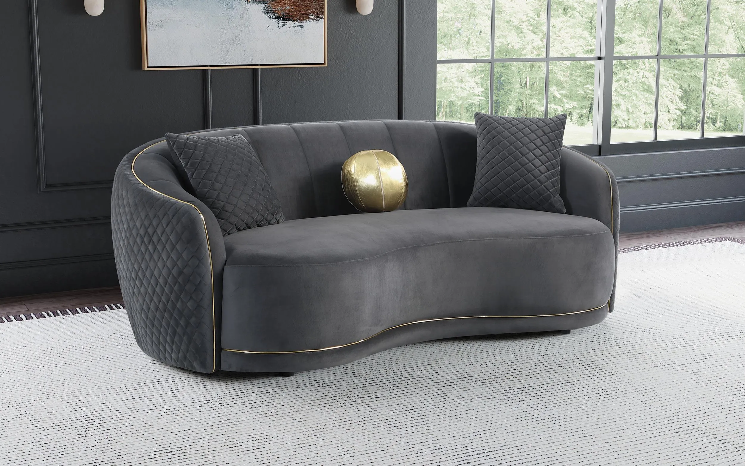 Brookside Dark Grey Velvet Upholstered Curved Sofa - Image 2