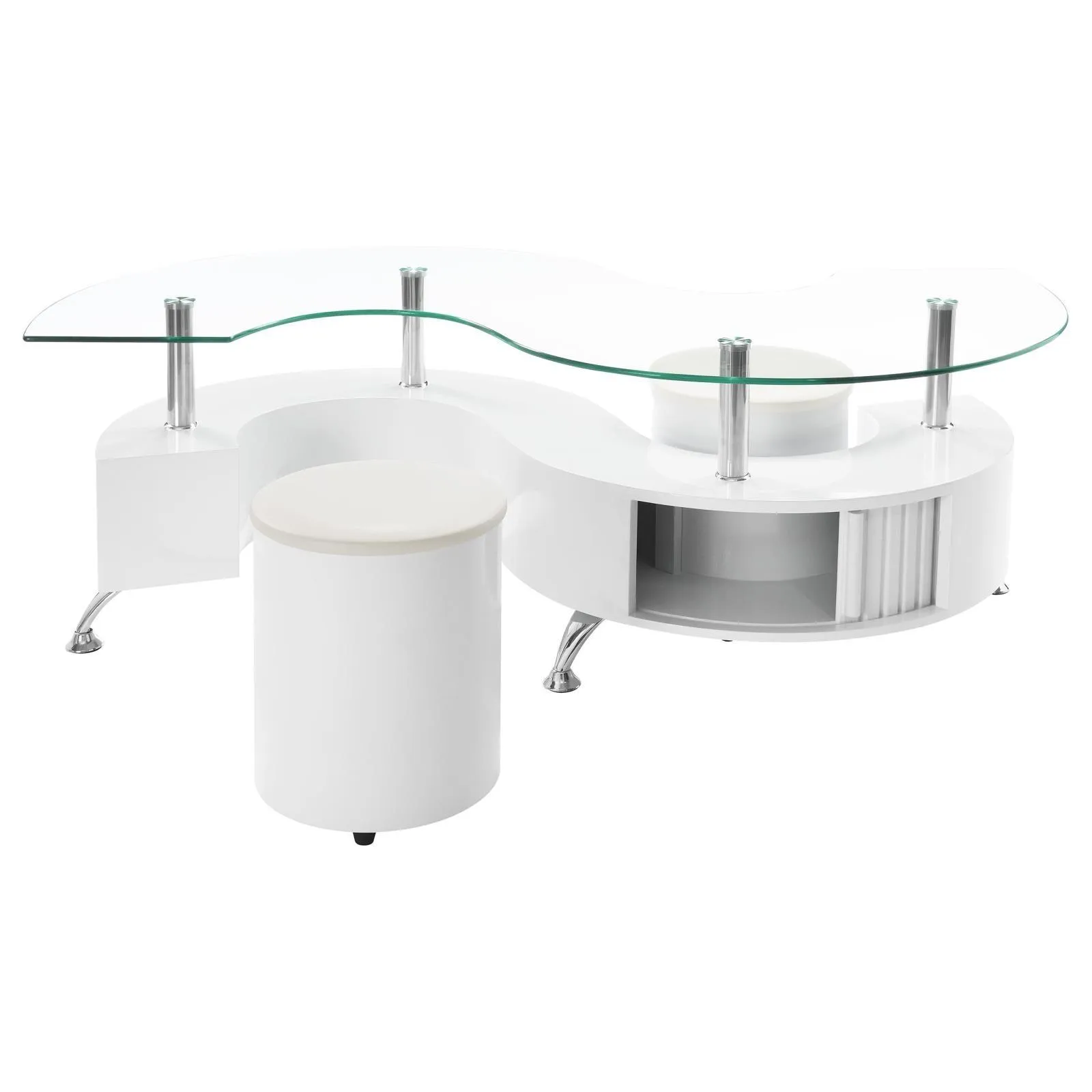 Buckley Curved Glass Top Coffee Table With Stools White High Gloss - Image 6
