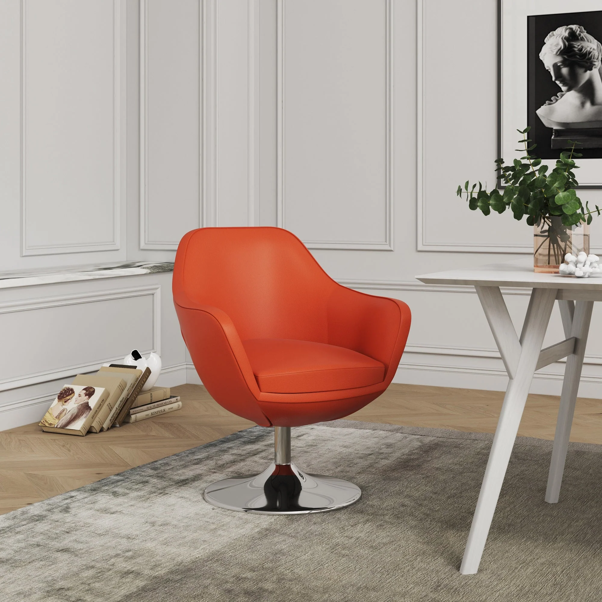 Caisson Faux Leather Swivel Accent Chair in Orange and Polished Chrome - Image 2