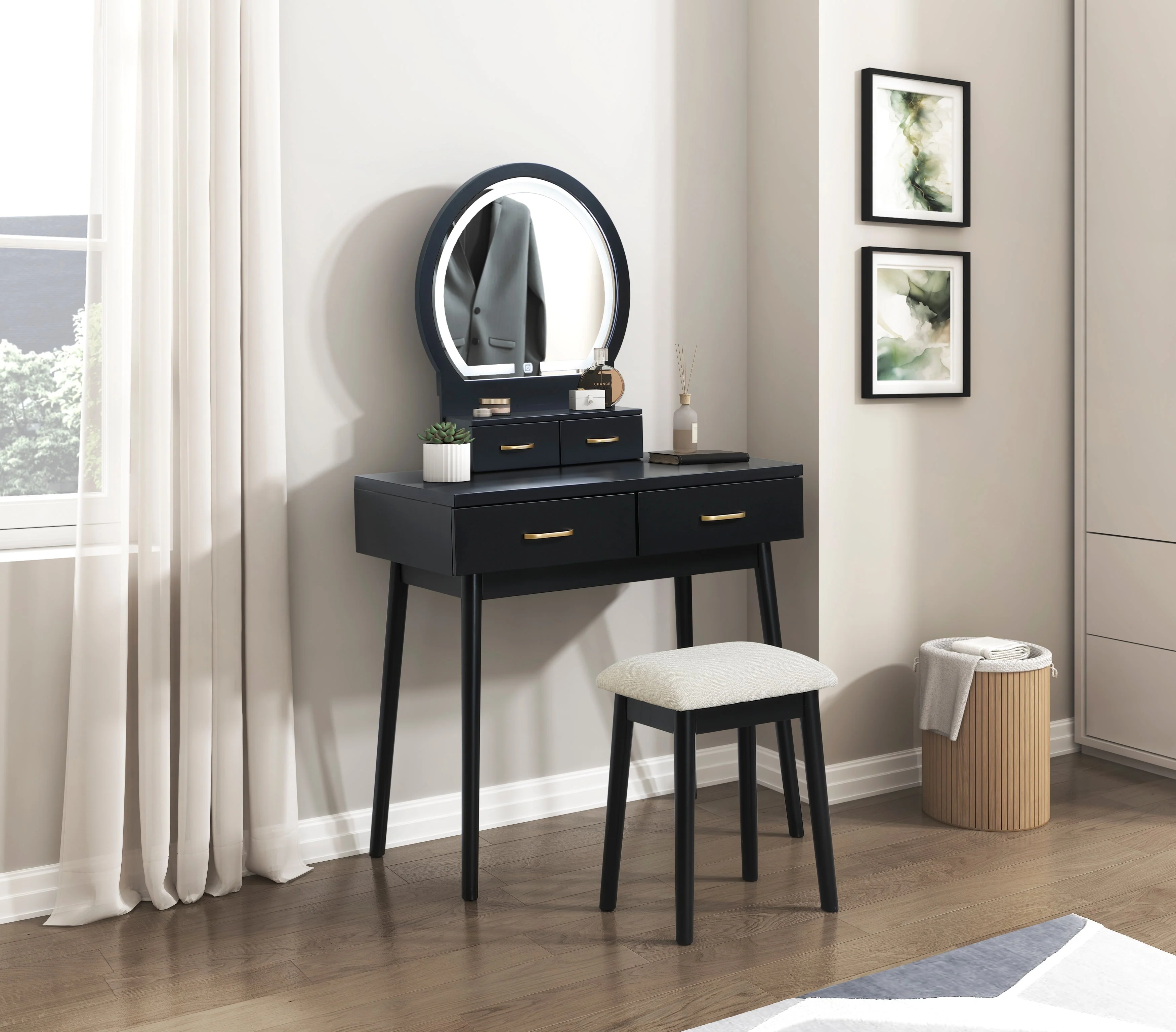 Camilla Black Vanity Dressing Table with Mirror and Stool - Image 9
