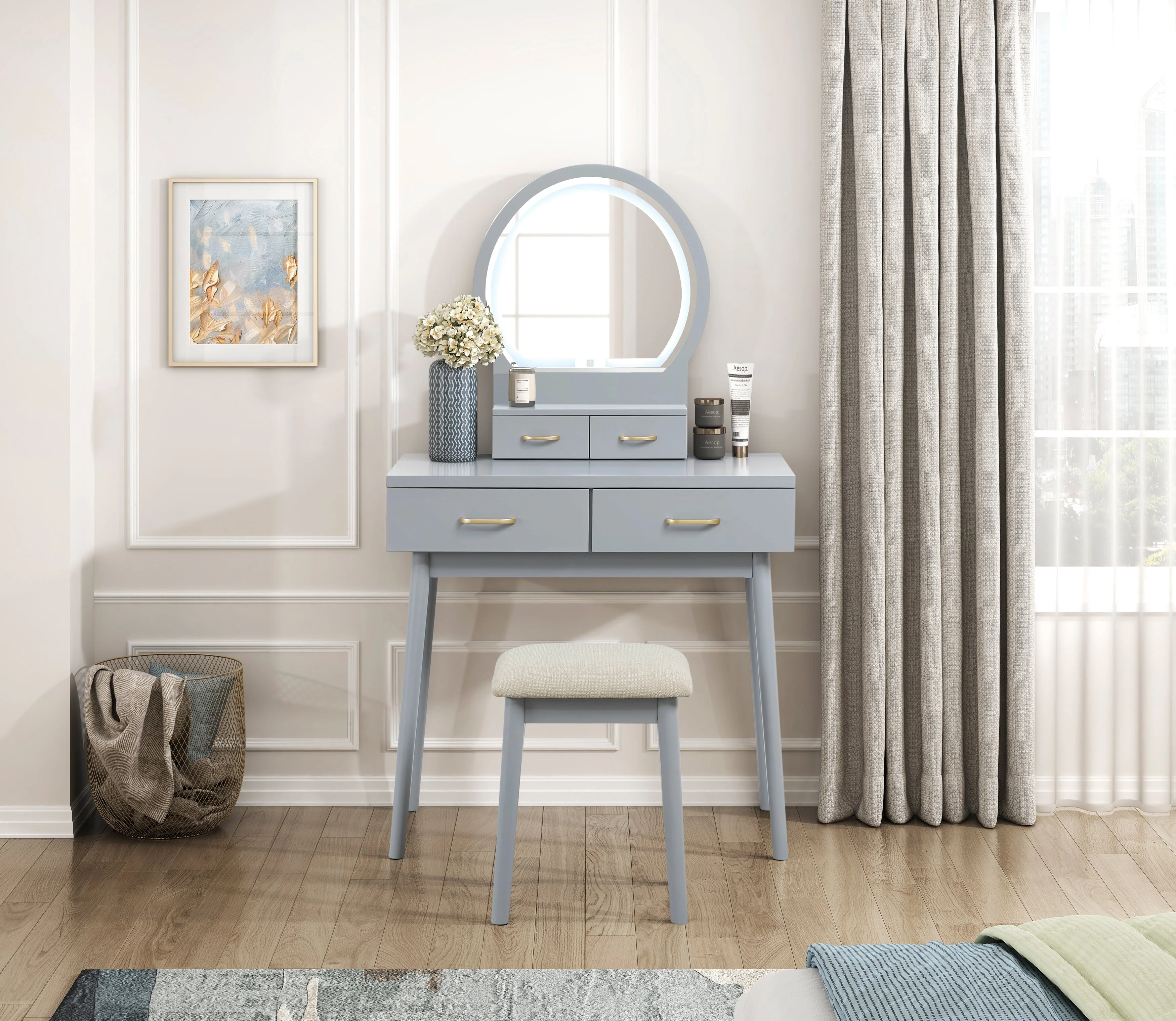 Camilla Gray Vanity Dressing Table with Mirror and Stool - Image 8