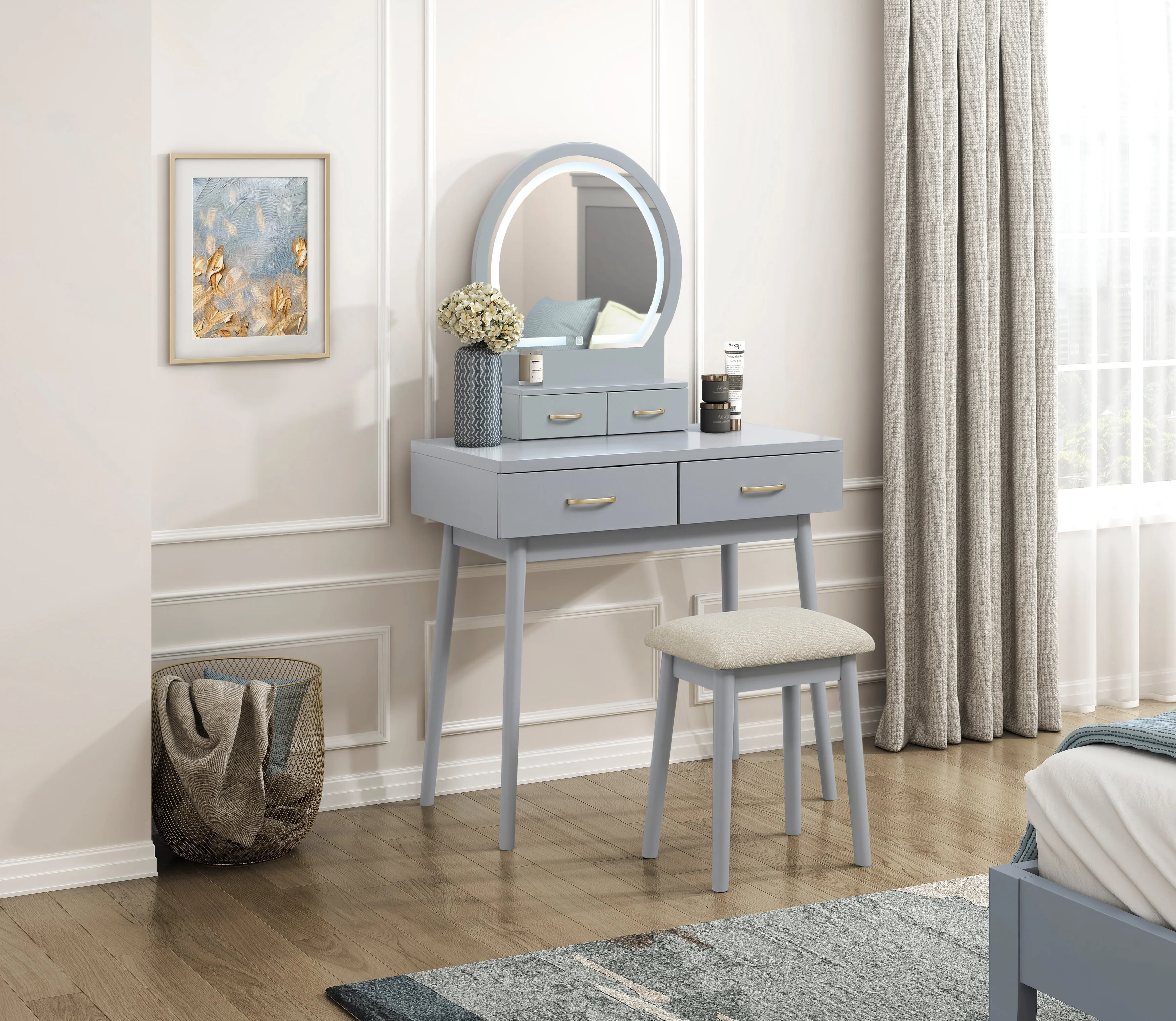 Camilla Gray Vanity Dressing Table with Mirror and Stool - Image 9