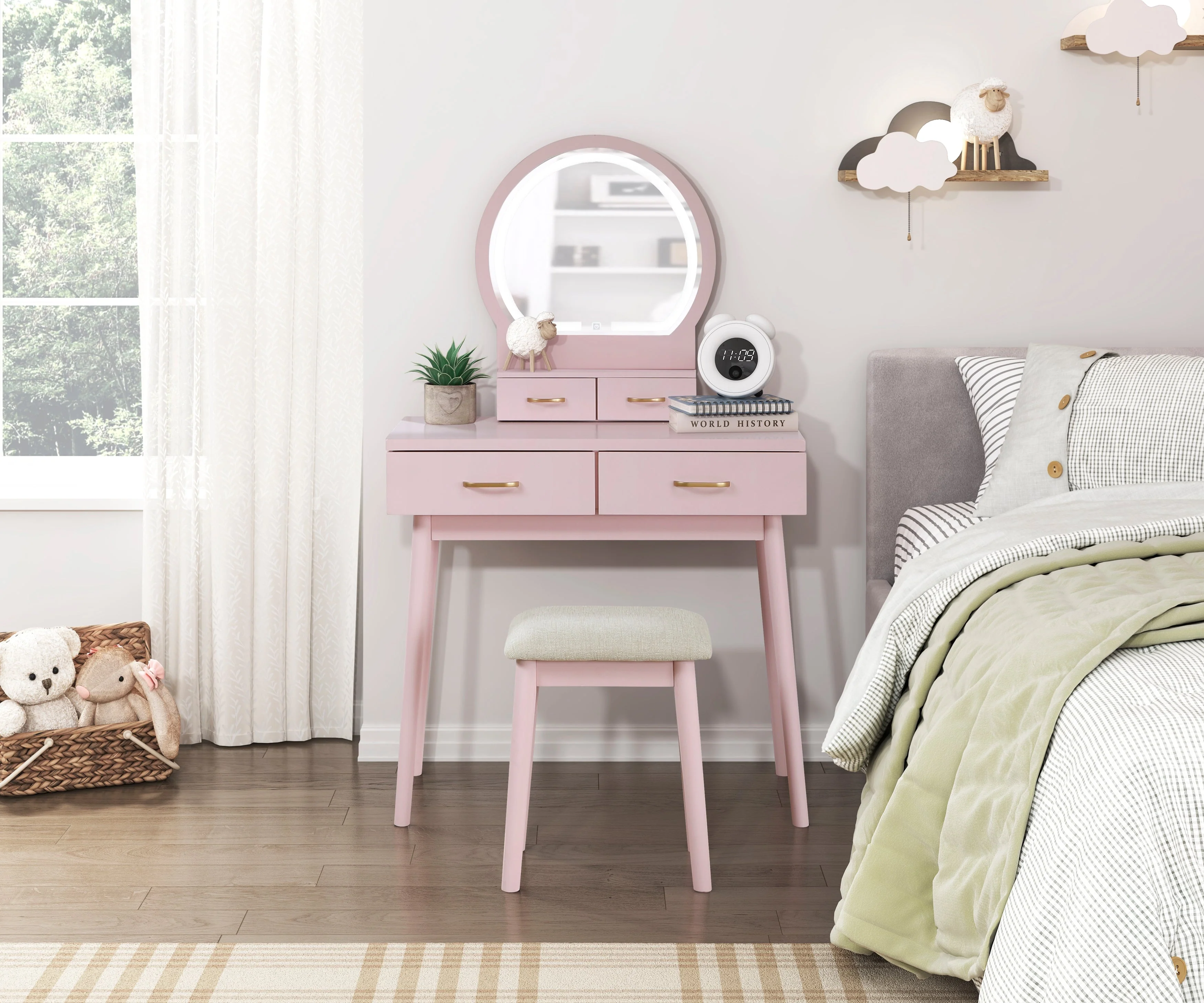 Camilla Pink Vanity Dressing Table with Mirror and Stool - Image 8