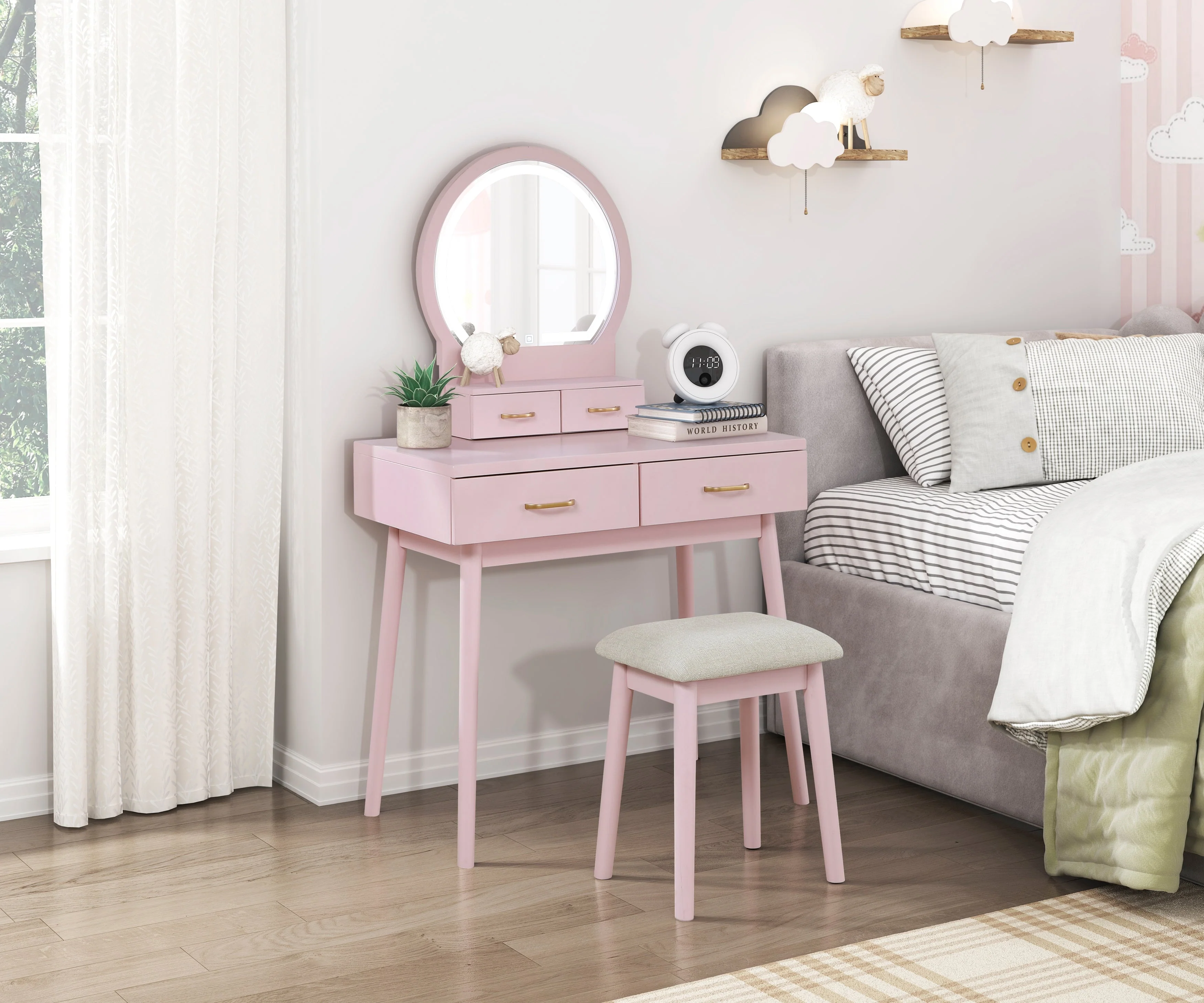 Camilla Pink Vanity Dressing Table with Mirror and Stool - Image 9