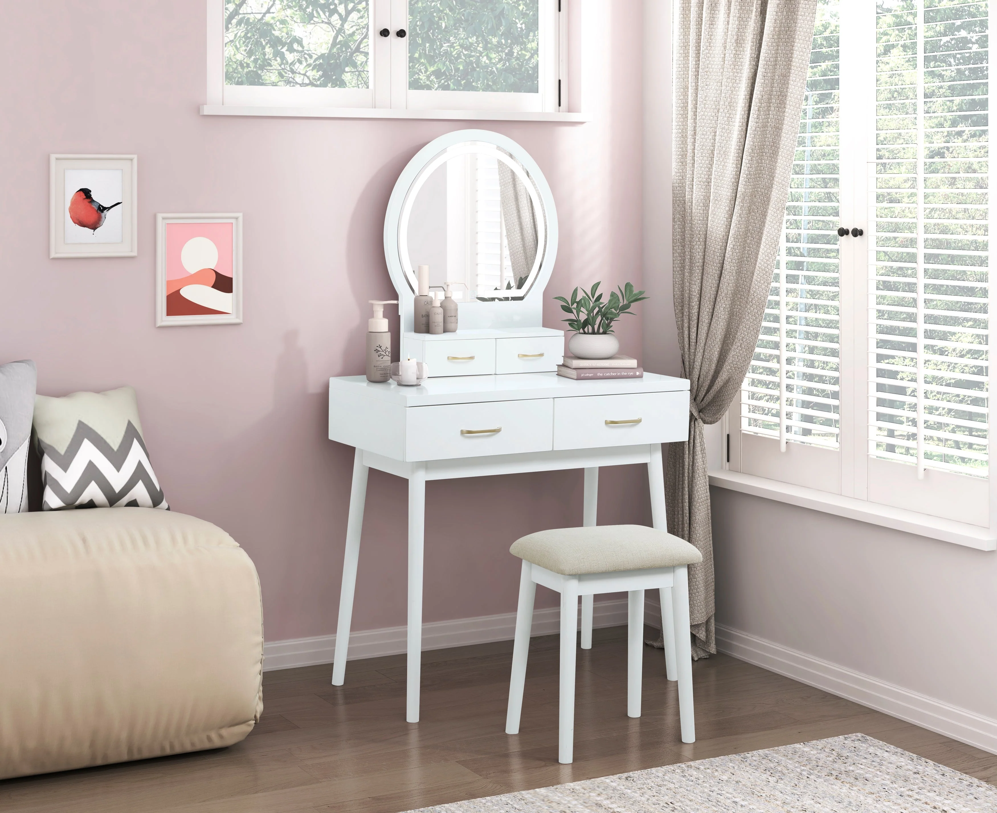 Camilla White Vanity Dressing Table with Mirror and Stool - Image 9