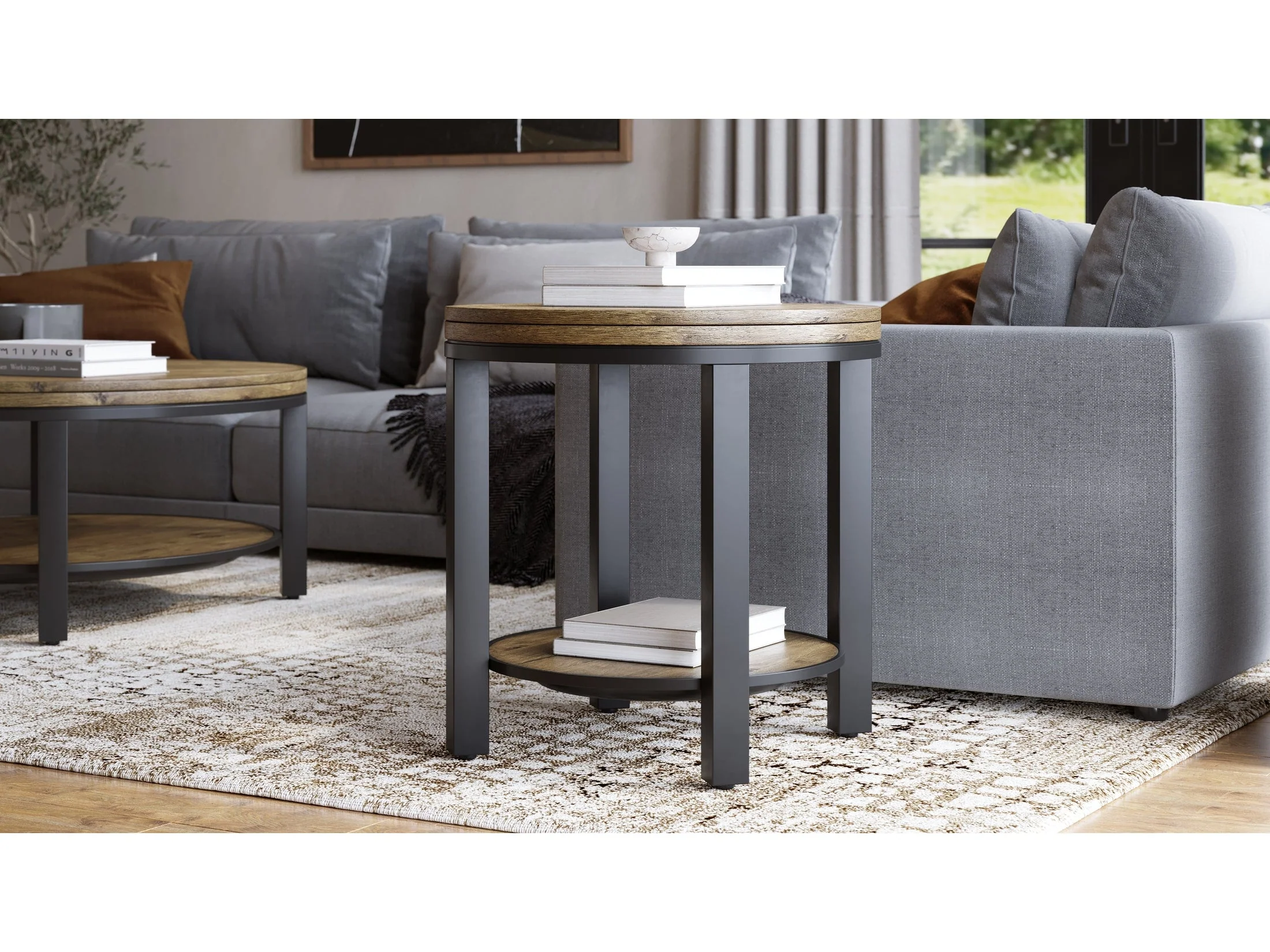 Canyon Solid Wood and Metal Round End Table in Washed Grey