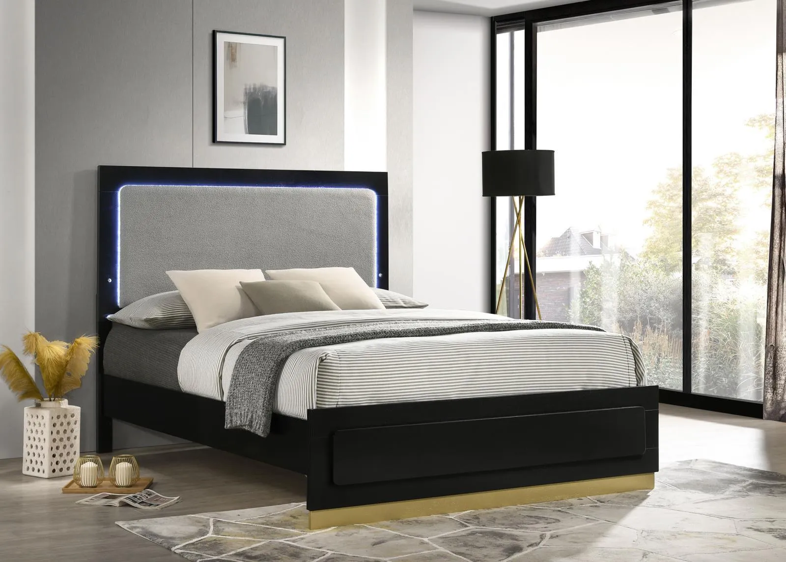 Caraway Black and Grey Queen Bed with LED Headboard
