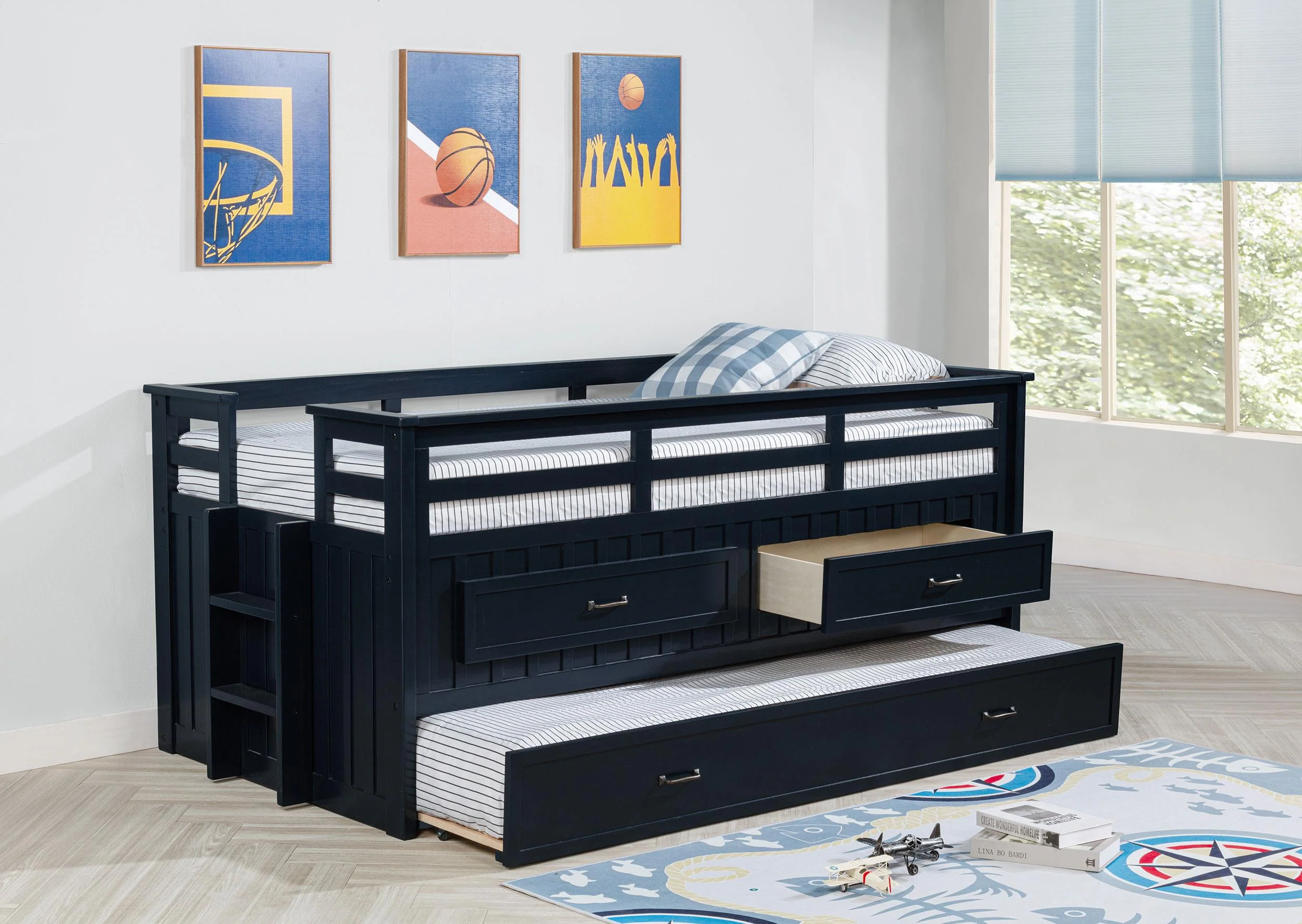 Carlsbad Navy Blue Wood Twin Captains Bed With Trundle