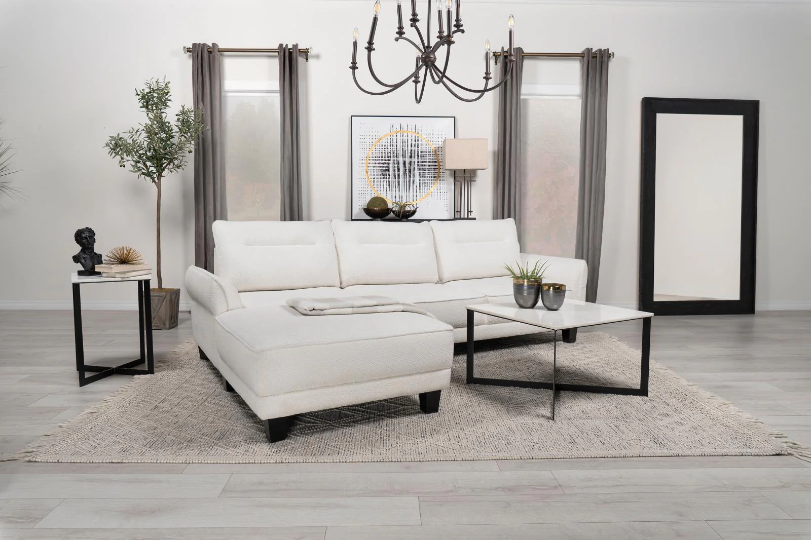 Caspian White and Black Upholstered Curved Arms Sectional Sofa - Image 19