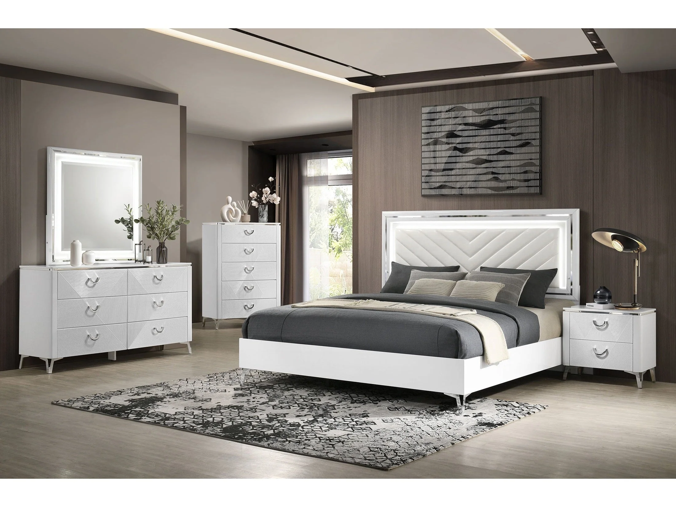 Cassia White High Gloss 5-piece Queen LED Bedroom Set