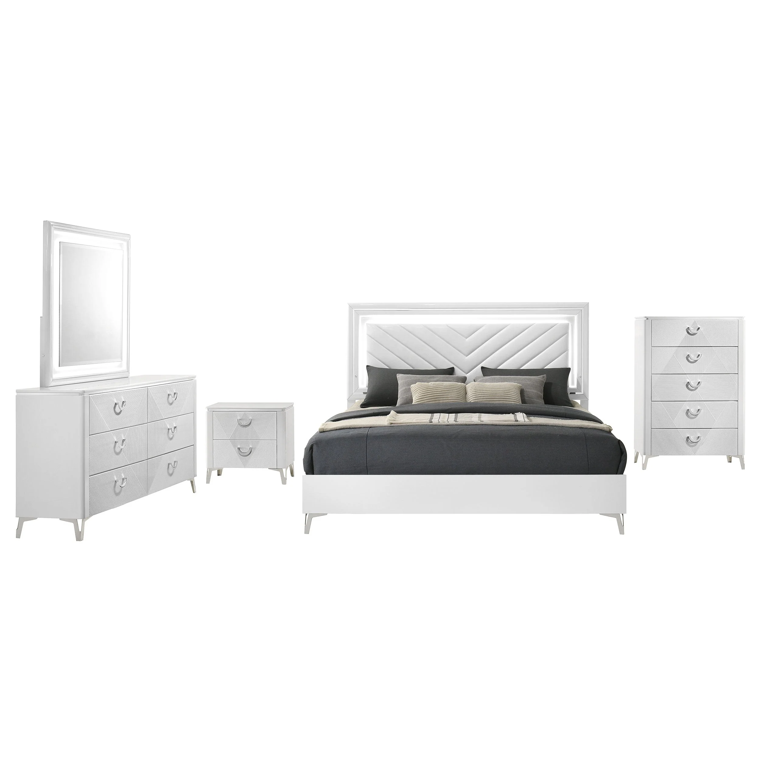 Cassia White High Gloss 5-piece Queen LED Bedroom Set - Image 2