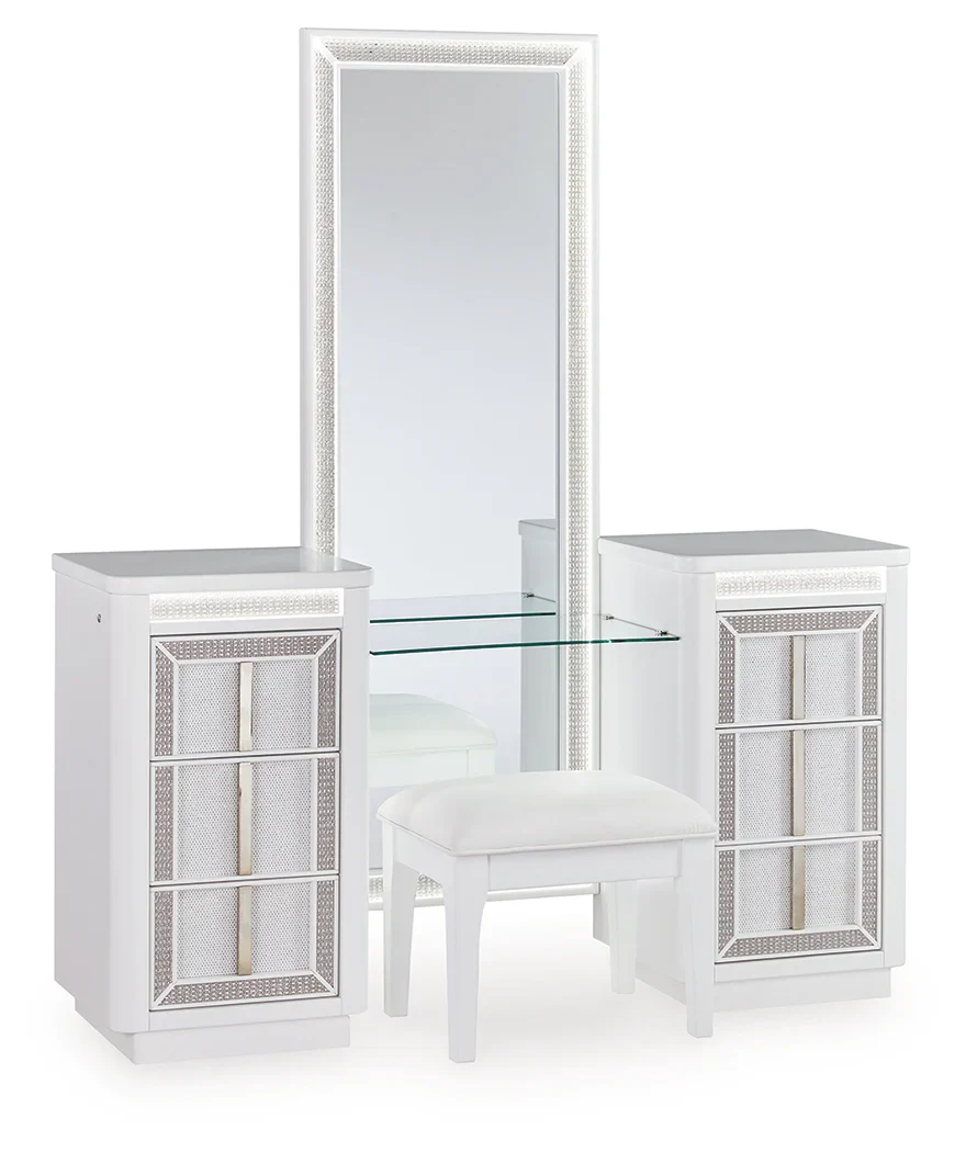 Chalanna White Vanity, Mirror and Stool
