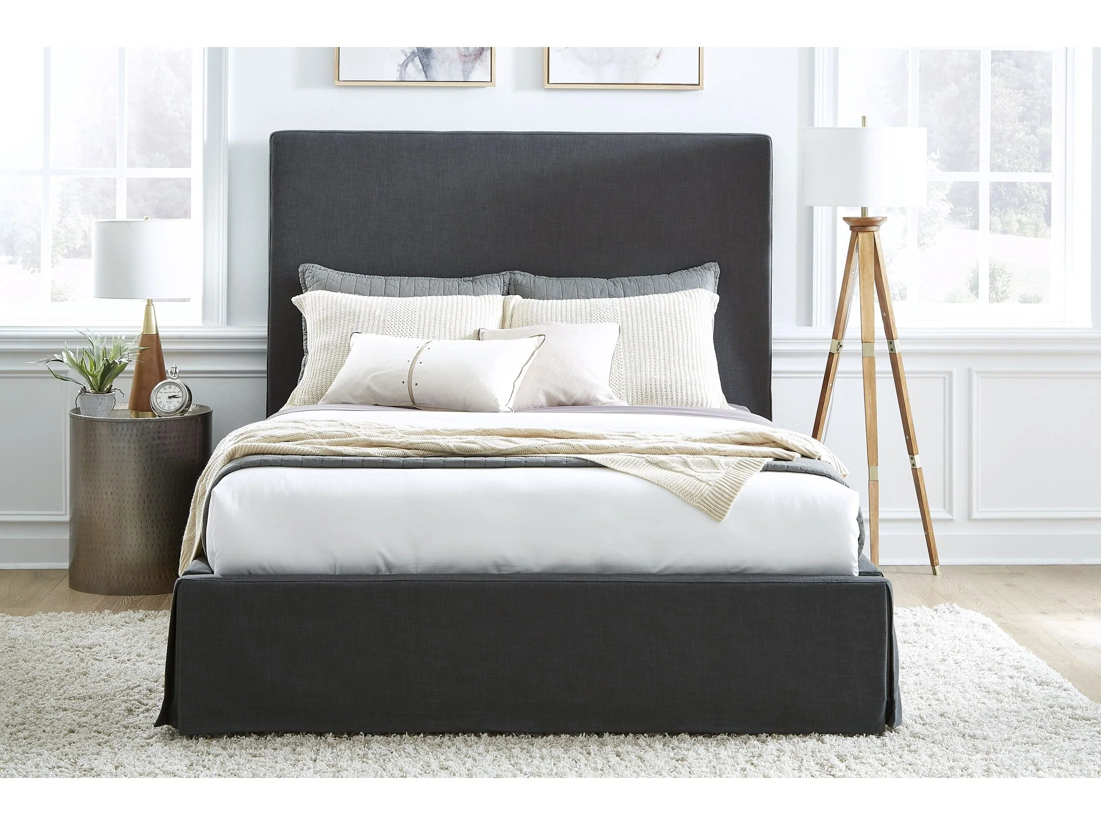Cheviot Full Upholstered Skirted Storage Panel Bed in Iron