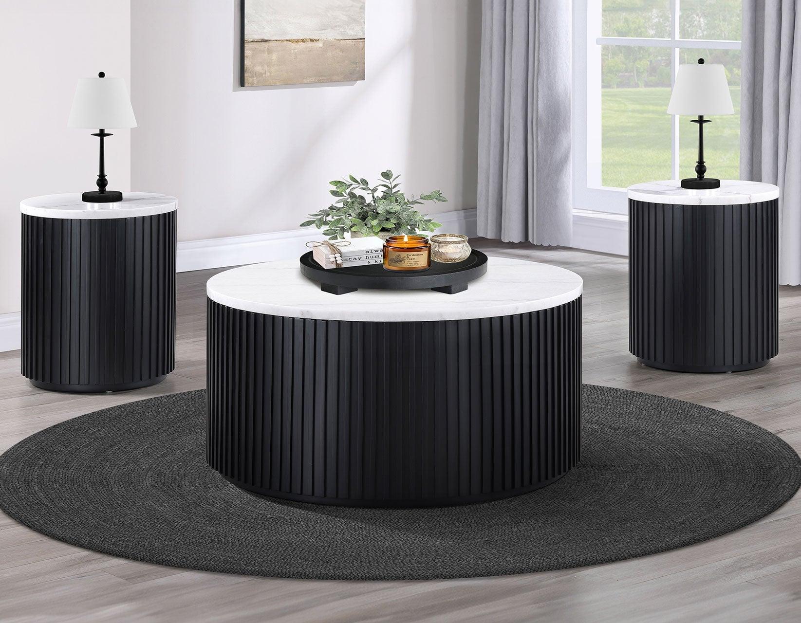Colvin Black Finish 36″ Round Castered White Marble Top Coffee Table - Image 3