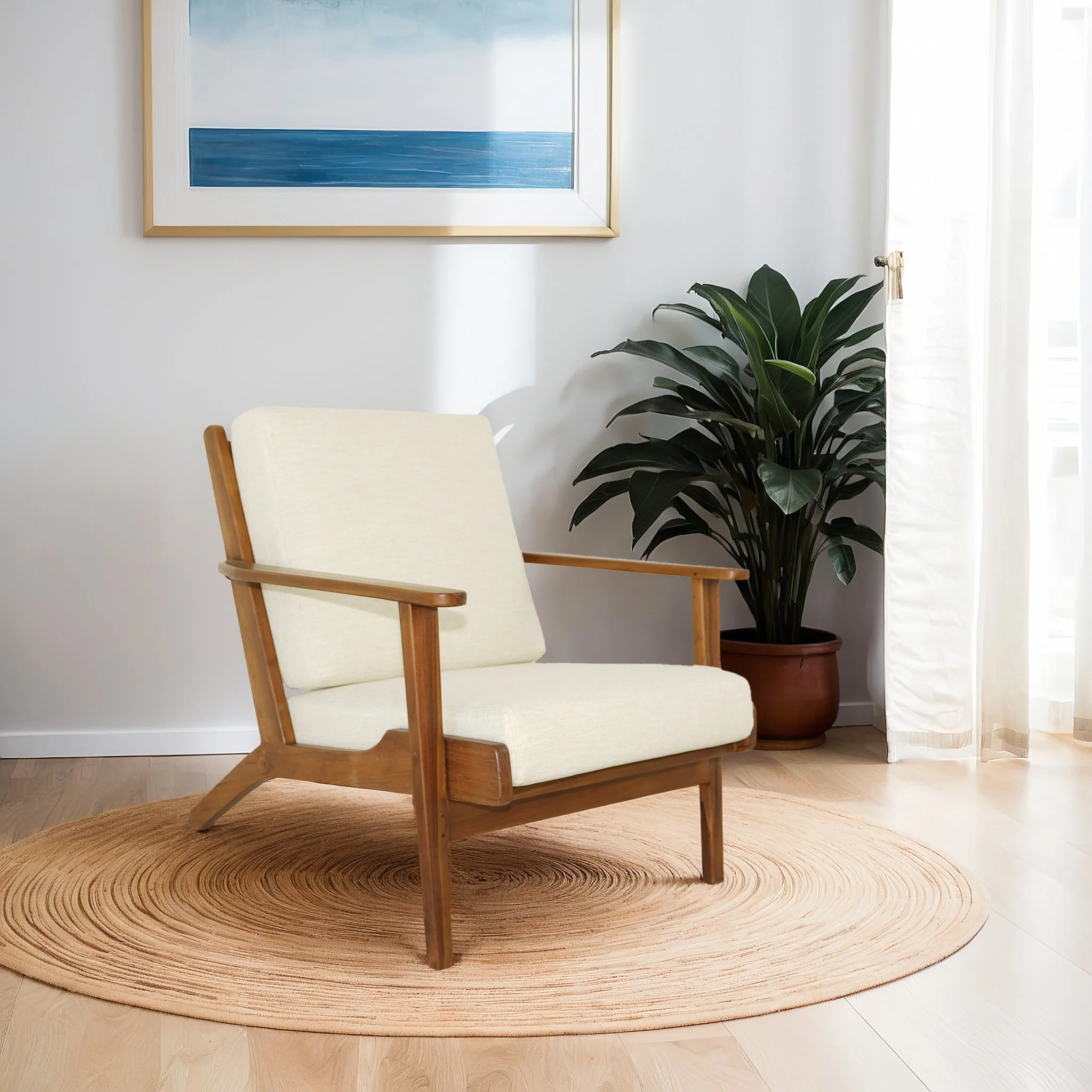Connor Solid Wood Linen Lounge Chair - Cream - Image 2