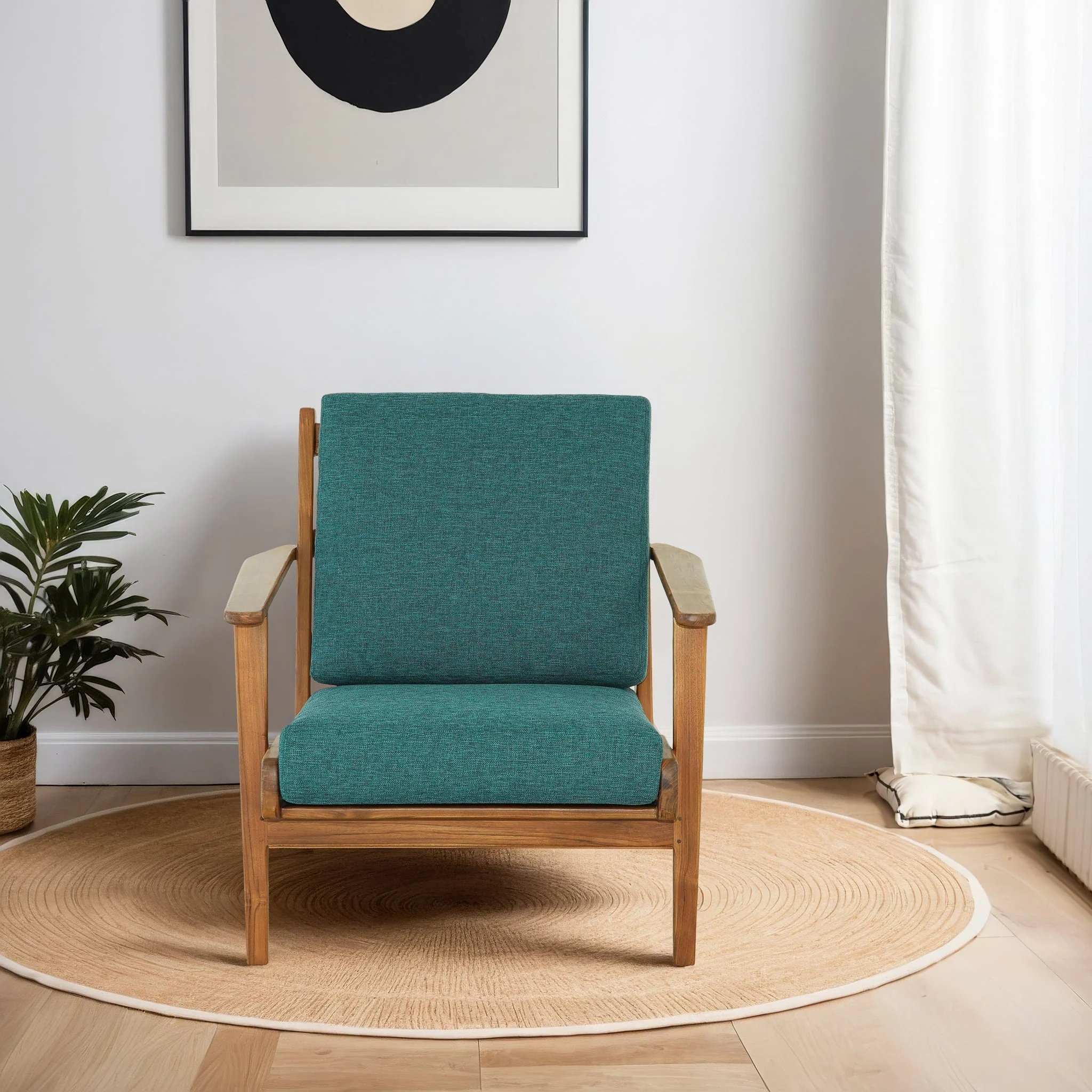 Connor Solid Wood Linen Lounge Chair - Teal - Image 2