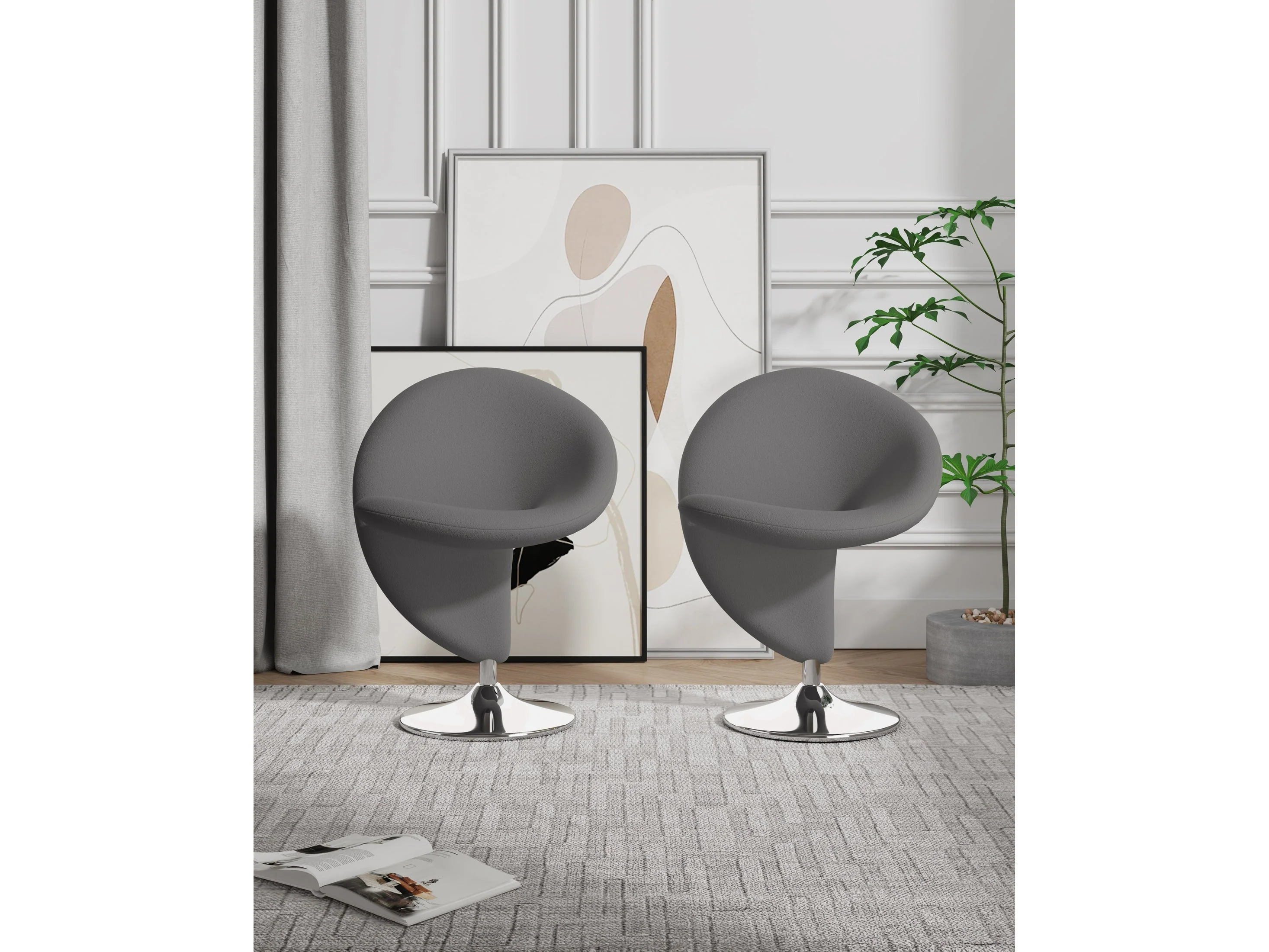 Curl Swivel Accent Chair in Grey and Polished Chrome (set of 2)