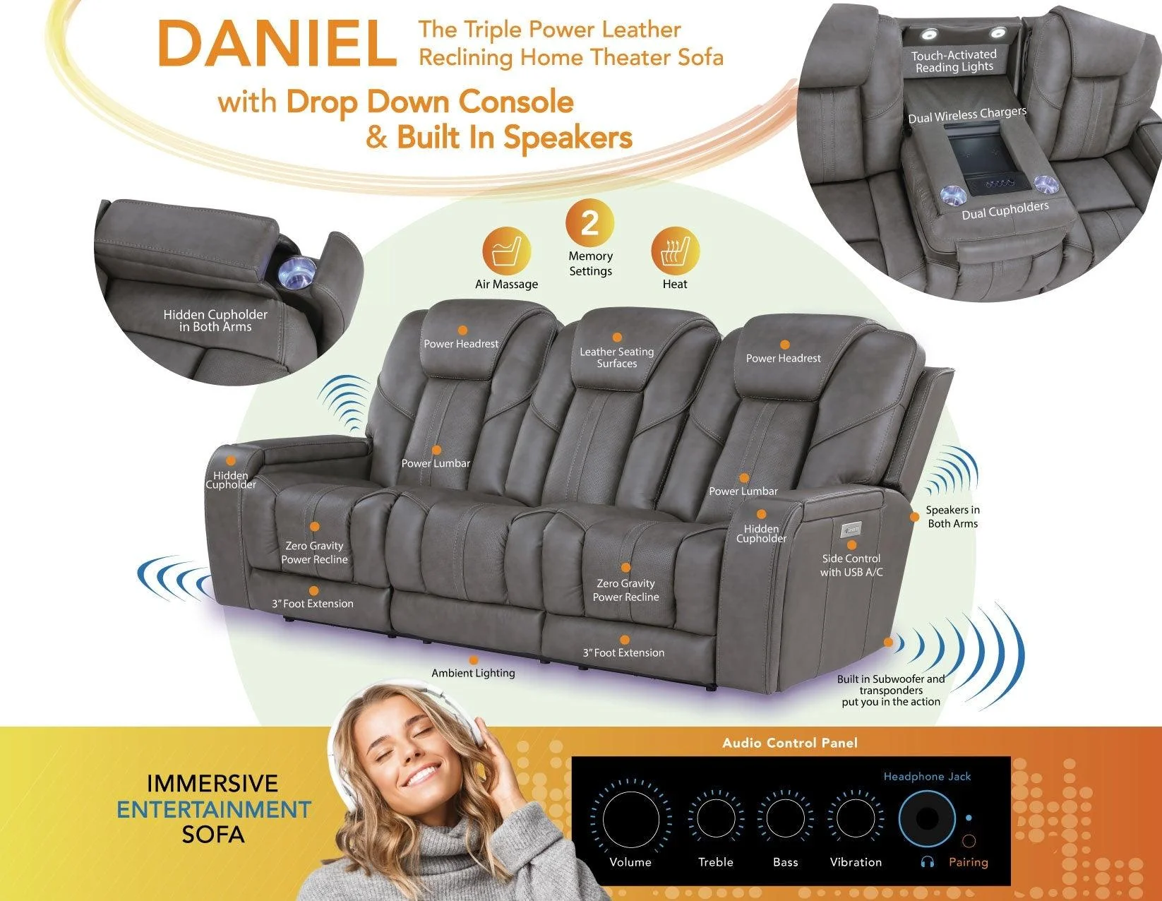 Daniel 3-Piece Triple Power Leather Manual Reclining Set - Image 39